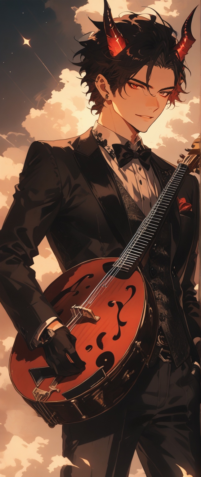 solo black hair red eyes 1boy male focus horns glowing heterochromia formal suit instrument on Tensor.Art