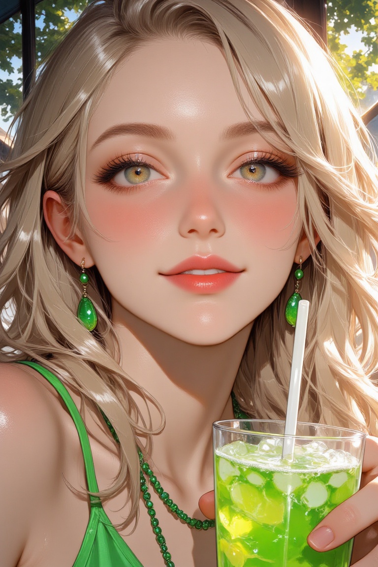 A beautiful woman with flowing blonde hair and striking green eyes smiles under bright,  summery lighting. She holds a ref...