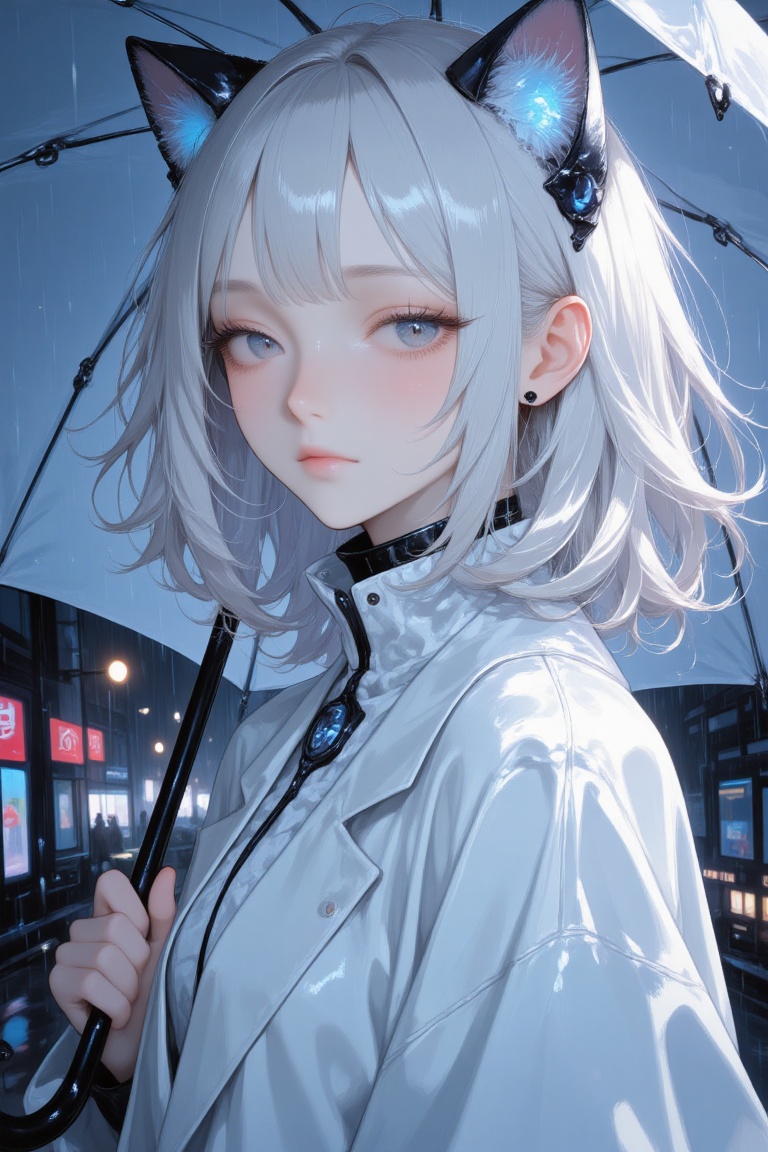 A sophisticated robot woman with flowing white hair and cat-like ears stands in the rain,  wearing a crisp white business...