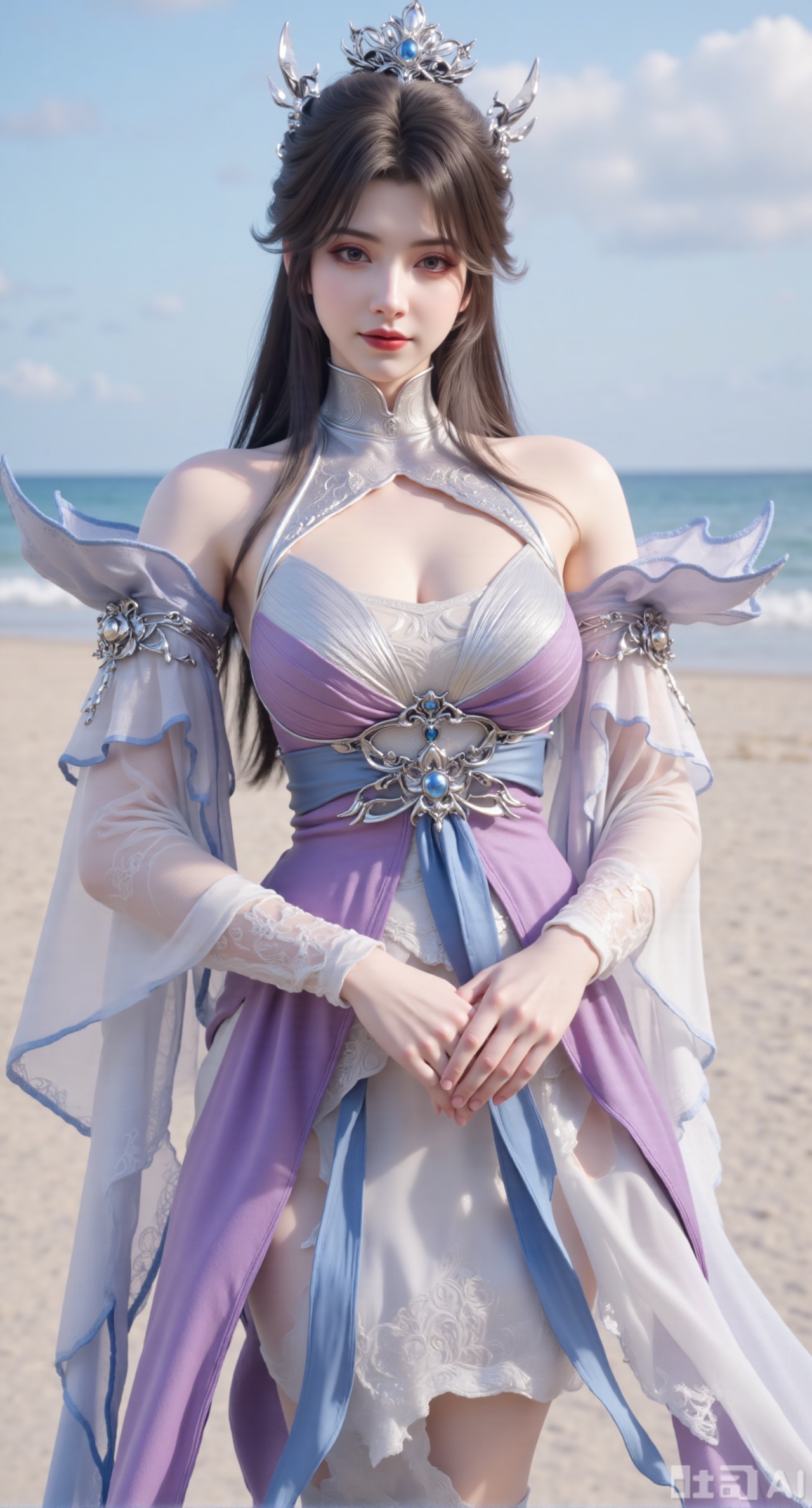 masterpiece, best quality, 1girl,solo,looking at viewer,( outdoor:1.3),sea,beach,realistic,midriff,bare shoulders,standting,hair ornament,long hair,jewelry,long dress,cowboy shot, (huge breasts, full breasts:2.69),Xbaozhiyinhuaqun,Xlonger,Xxiaoli,Xtangheziqun,Xyunyunshouban