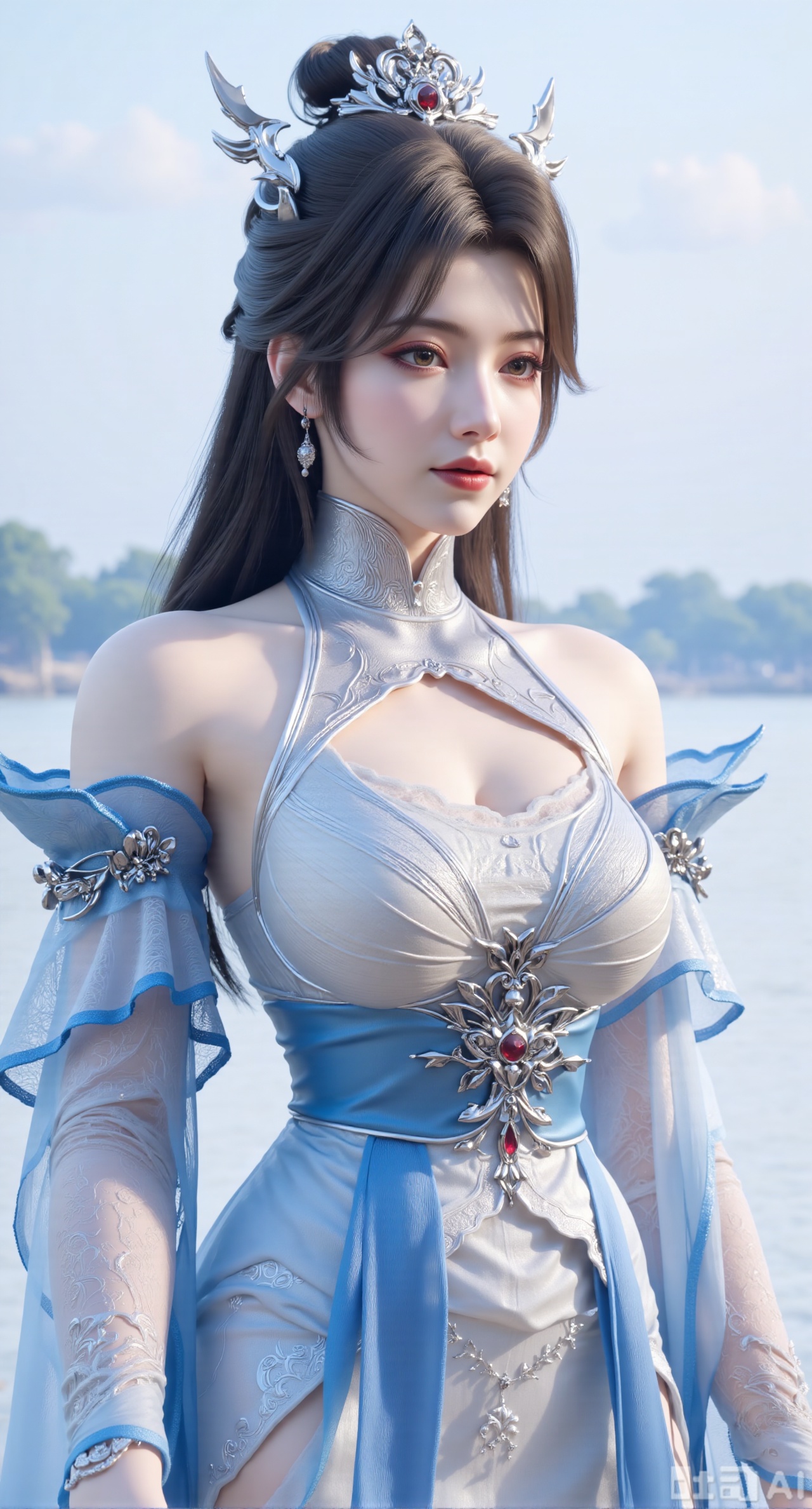 masterpiece, best quality, 1girl,solo,looking at viewer,( outdoor:1.3),sea,beach,realistic,midriff,bare shoulders,standting,hair ornament,long hair,jewelry,long dress,cowboy shot, (huge breasts, full breasts:2.69),Xbaozhiyinhuaqun,Xlonger,Xxiaoli,Xtangheziqun,Xyunyunshouban
