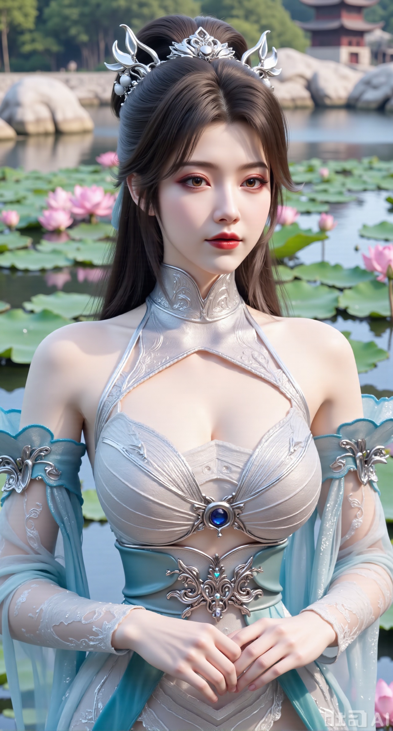 (masterpiece, best quality:1.2),1girl, navel, solo, midriff, bare shoulders, hair ornament,(long hair),(High double ponytail:1.49), red lips, BREAK, (looking at viewer:1.39), chinese clothes,(Holographic pink|green dress:1.36), (lace,Rainbow Gradient Color:1.28), BREAK,blurry, solo focus, long hair, lips, daytime, lipstick, outdoors, standing,upper body,(huge breasts:2.89), background, solo, makeup,(Liquid glass style flowers:1.49),(huge breasts:2.99),(full breasts:2.99),,(Background with lotus pond and pink lotus flowers:1.39),Xbaozhiyinhuaqun,Xlonger,Xxiaoli,Xtangheziqun,Xyunyunshouban