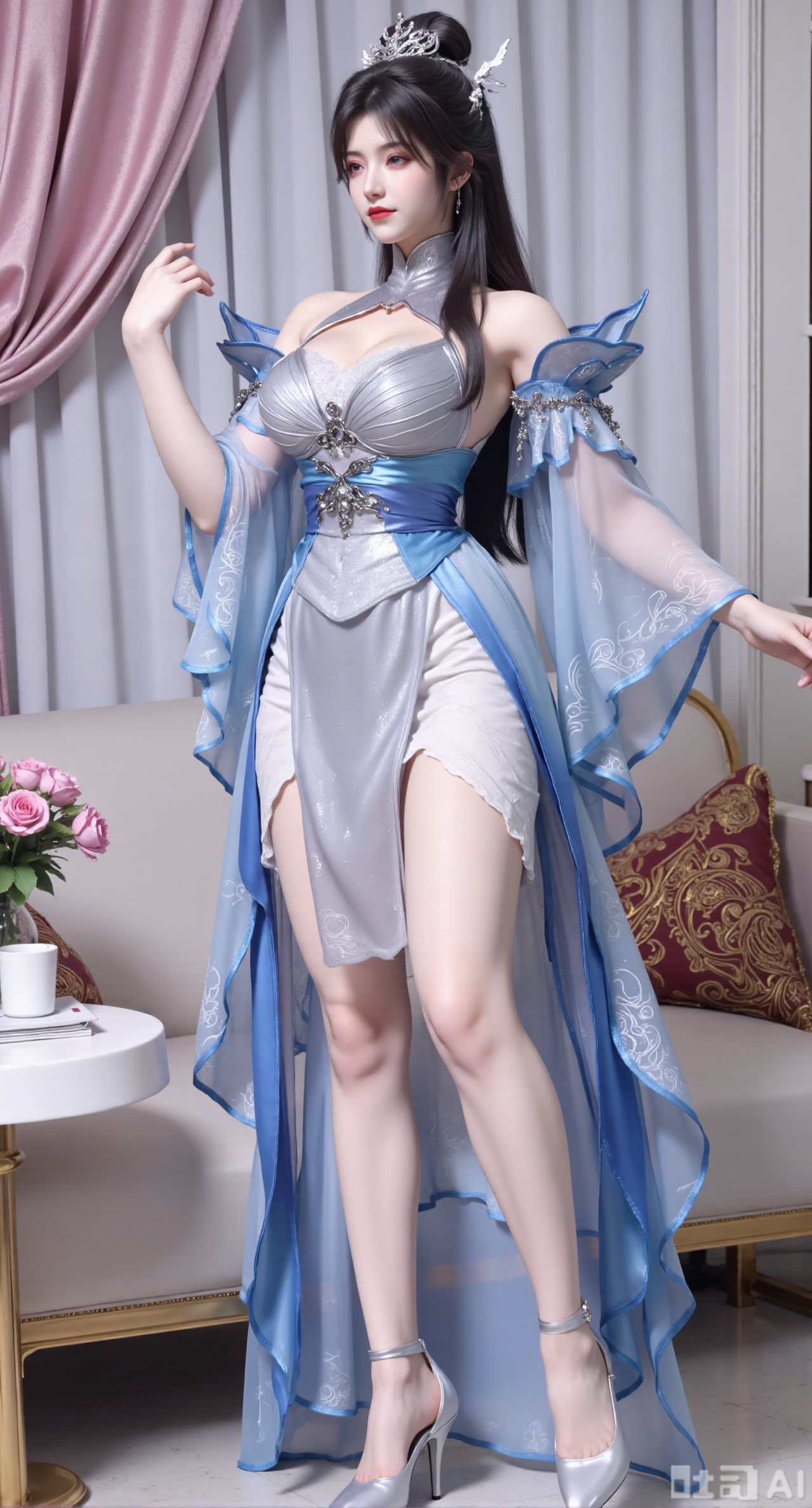 (masterpiece:1.2),Ultra clear, wallpaper, 8k, masterpiece, 1girl, solo, long hair, breasts, looking at viewer, bangs, large breasts,long dress,, bare shoulders, jewelry, black hair, standing, purple eyes, full body, flower, thighs, indoors, hair bun, long dress, high heels, cup, see-through, book, bare legs, window, table, white footwear, standing on one leg, curtains, pink flower, side slit, vase, ,(huge breasts:2.99),(full breasts:2.99),,Xbaozhiyinhuaqun,Xlonger,Xxiaoli,Xtangheziqun,Xyunyunshouban