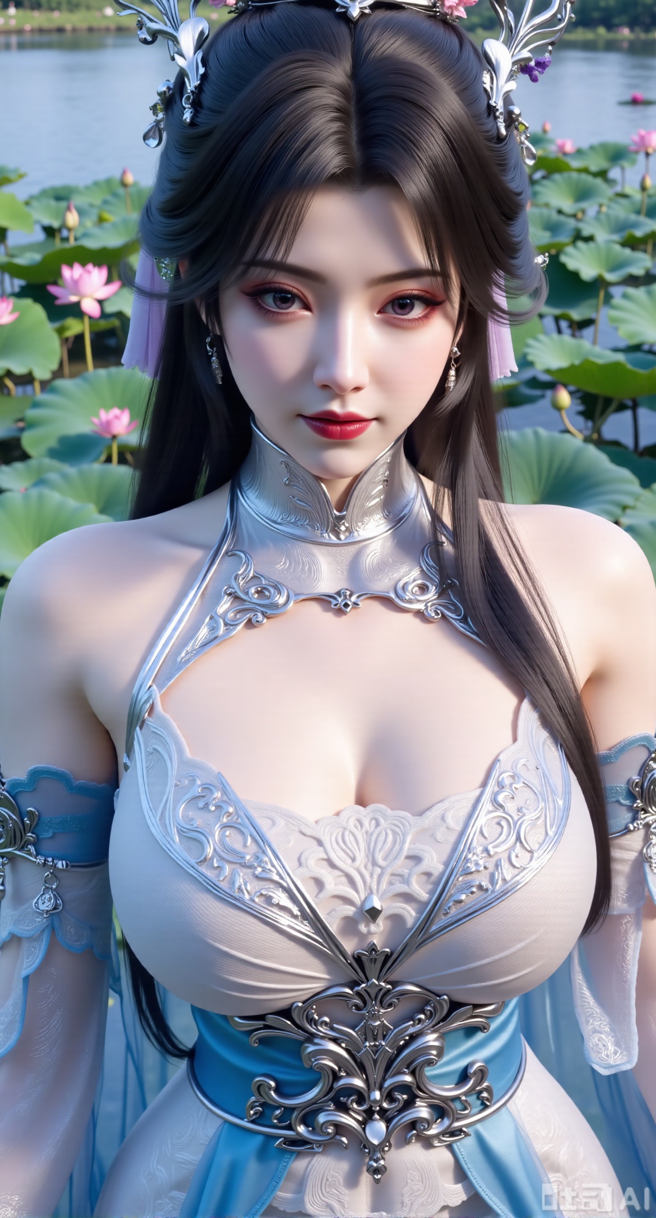 (masterpiece, best quality:1.2),1girl, navel, solo, midriff, bare shoulders, hair ornament, flower, hair flower, black hair, red lips,BREAK, (looking at viewer:1.39), chinese clothes,(Holographic long dress:1.39), (lace,Rainbow Gradient Color:1.29),BREAK,purple eyes,blurry, solo focus, long hair, lips, daytime, lipstick, outdoors, (upper body,,Long legs:1.29), blurry,(huge breasts,full breasts:2.41), background, 1girl, makeup, hair bun,(Blue sky:1.39),(Suzhou Garden Lotus Pond,lotus,Lotus Leaf:1.39),(huge breasts:2.99),(full breasts:2.99),(Background with traditional Chinese architecture, lotus pond and lotus flowers:1.39),XyunxiaoYK,Xlonger2,XjiziyeuX2,Xmeifei2,Xtanghezi,XyunyunPVC