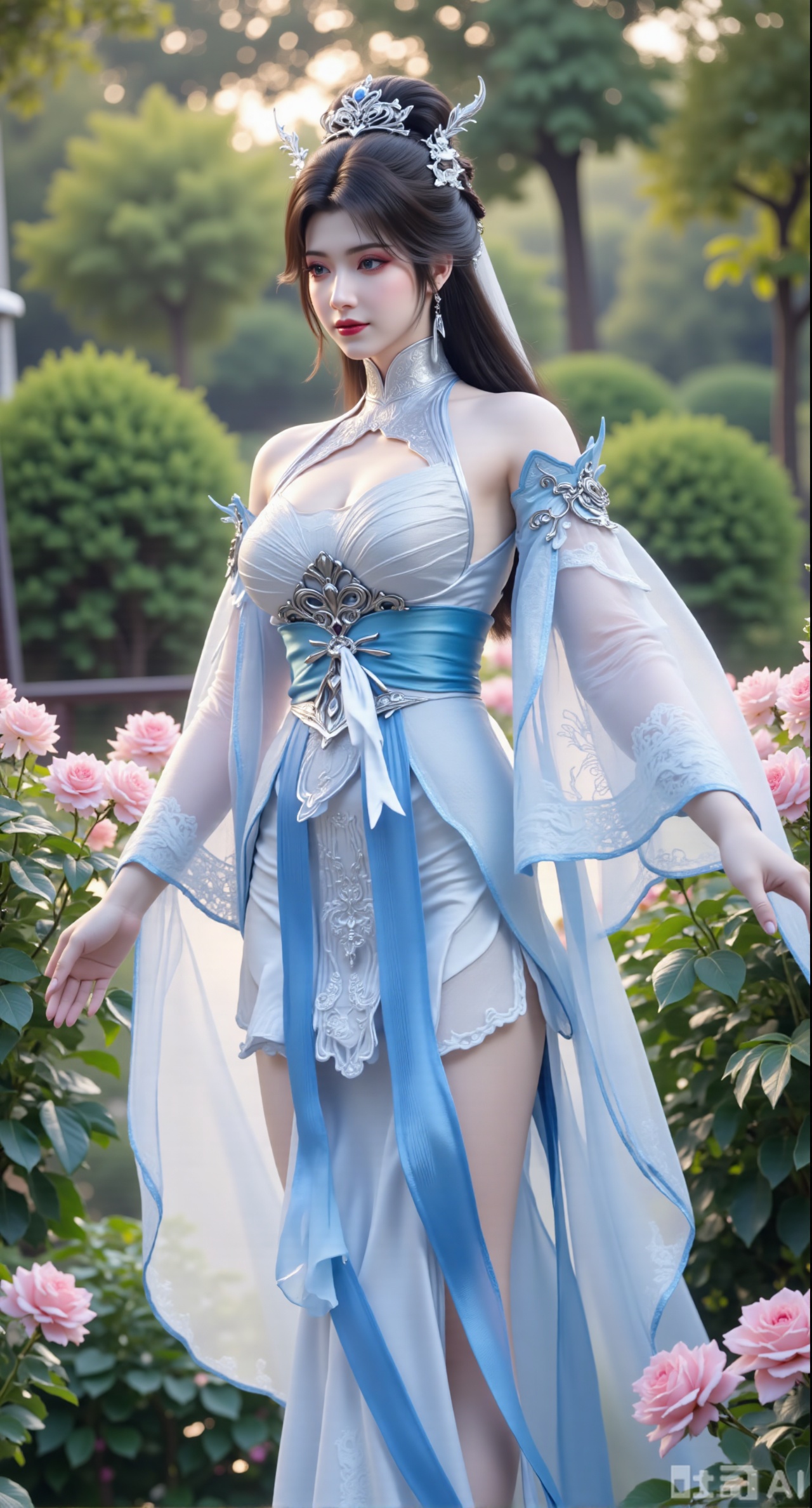 (masterpiece:1.2),best quality,,A woman adorned in traditional Chinese attire,featuring a flowing robe with intricate embroidery and floral accents. A garden filled with pink roses and lush greenery. Soft pastel hues of white,blue,and green,creating a serene atmosphere. Photorealistic photography.,,(huge breasts:2.99),(full breasts:2.99),XyunxiaoYK,Xlonger2,XjiziyeuX2,Xmeifei2,Xtanghezi,XyunyunPVC
