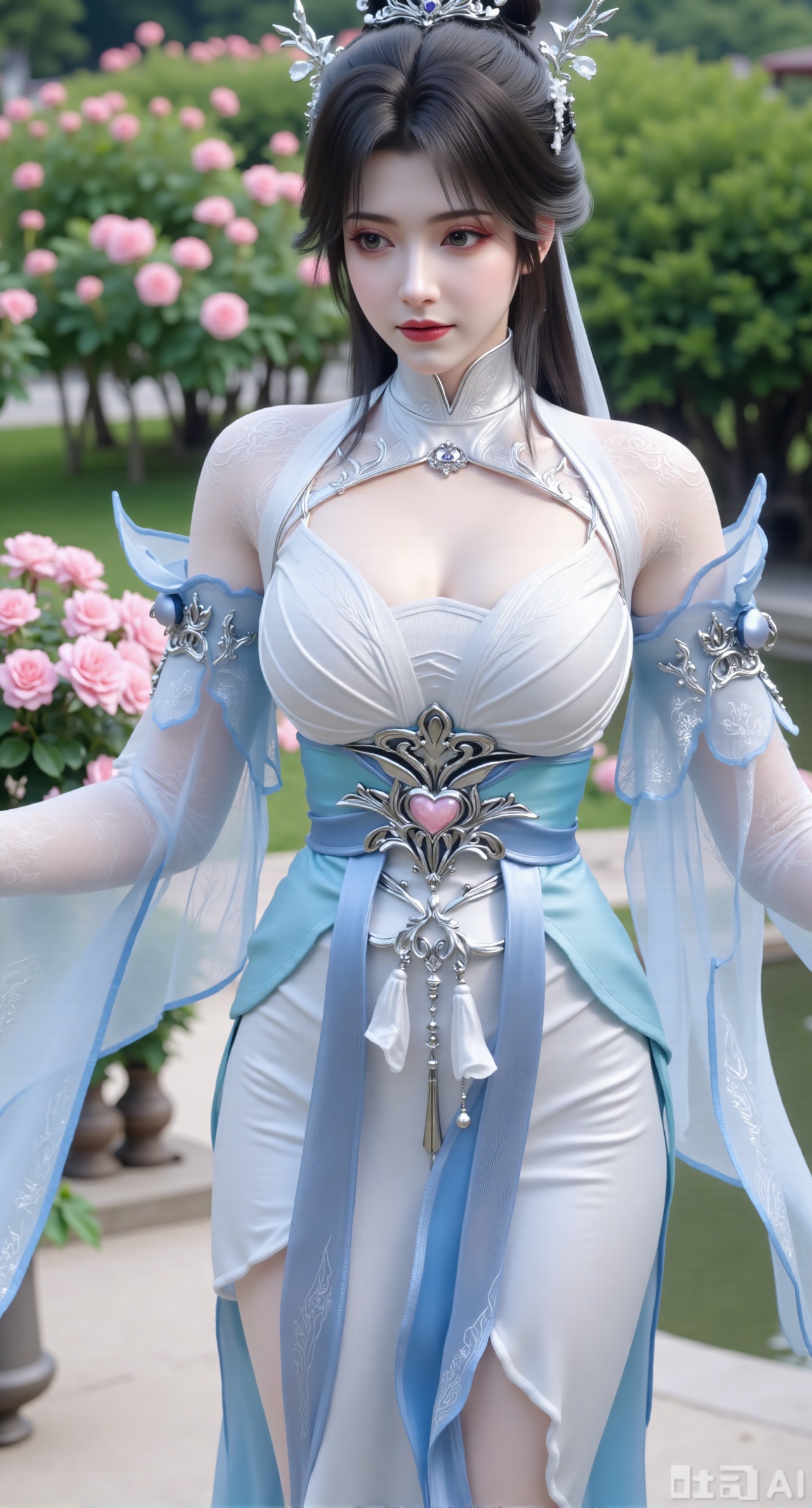 (masterpiece:1.2),best quality,,A woman adorned in traditional Chinese attire,featuring a flowing robe with intricate embroidery and floral accents. A garden filled with pink roses and lush greenery. Soft pastel hues of white,blue,and green,creating a serene atmosphere. Photorealistic photography.,,(huge breasts:2.99),(full breasts:2.99),XyunxiaoYK,Xlonger2,XjiziyeuX2,Xmeifei2,Xtanghezi,XyunyunPVC