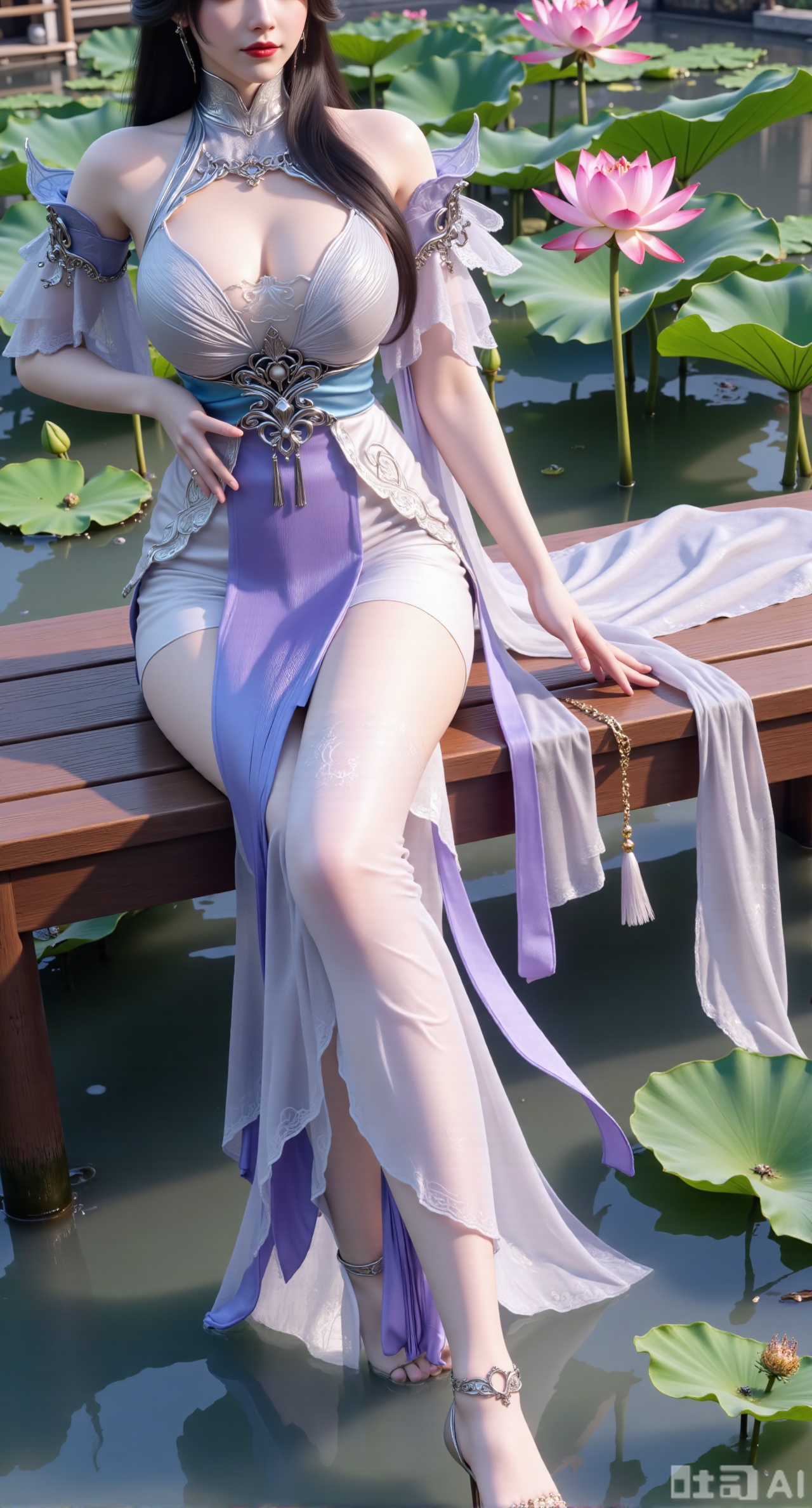 (masterpiece:1.2),best quality,The image is a digital illustration of a young woman sitting on a wooden bench in a pond with lily pads. She is wearing a long dress with design on the chest and sleeves. The dress has a high neckline and short sleeves,Holding a lotus in hand. She has long dark hair styled in loose waves and is wearing gold high heels. The woman is posing with one hand on her hip and the other resting on the edge of the bench. The background is filled with pink and white lotus flowers and green leaves. The overall mood of the image is peaceful and serene,(huge breasts:2.99),(full breasts:2.99),(Background with traditional Chinese architecture, lotus pond and pink lotus flowers:1.39),,XyunxiaoYK,Xlonger2,XjiziyeuX2,Xmeifei2,Xtanghezi,XyunyunPVC