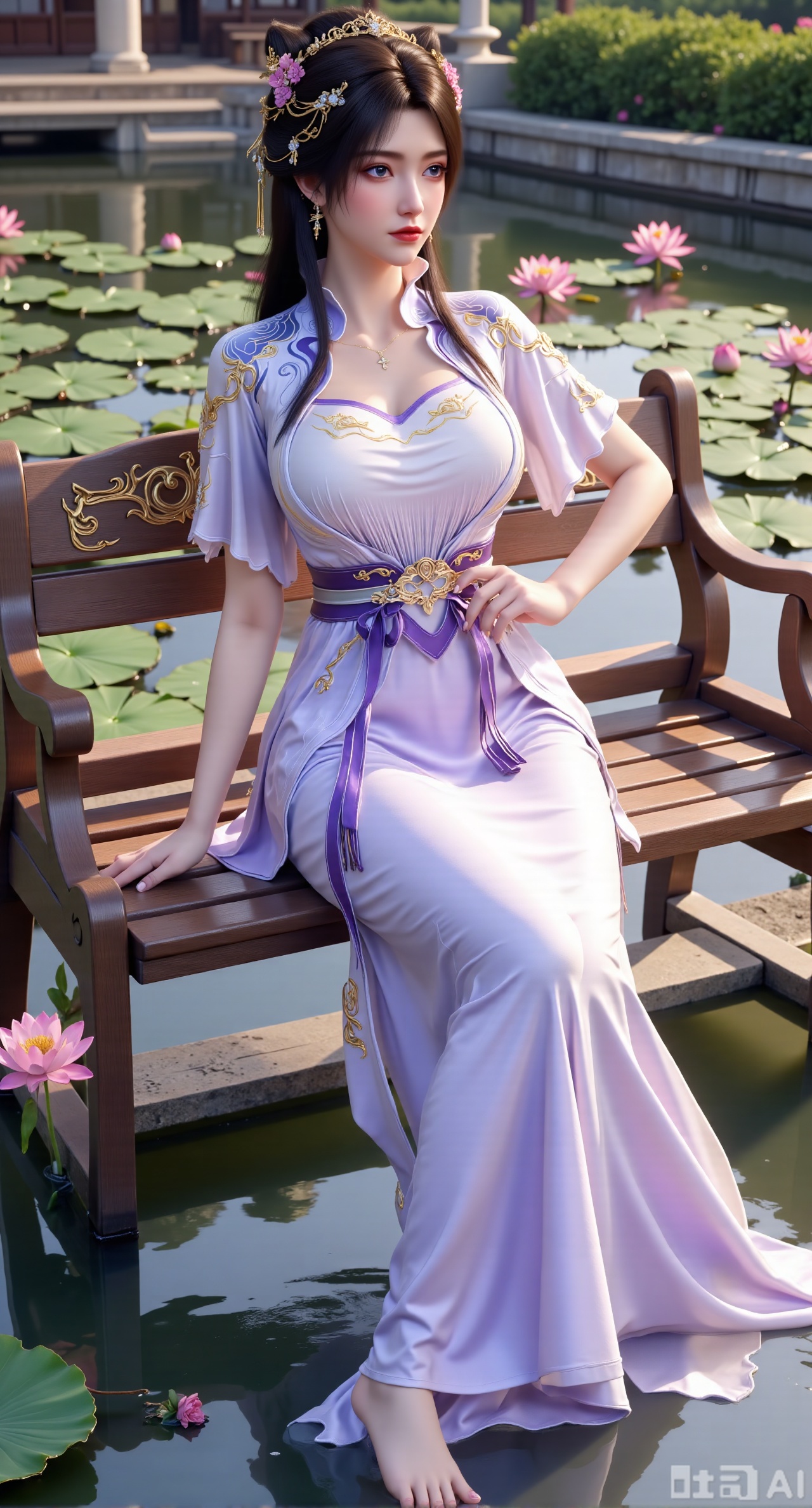 (masterpiece:1.2),best quality,The image is a digital illustration of a young woman sitting on a wooden bench in a pond with lily pads. She is wearing a long dress with design on the chest and sleeves. The dress has a high neckline and short sleeves,Holding a lotus in hand. She has long dark hair styled in loose waves and is wearing gold high heels. The woman is posing with one hand on her hip and the other resting on the edge of the bench. The background is filled with pink and white lotus flowers and green leaves. The overall mood of the image is peaceful and serene,(huge breasts:2.99),(full breasts:2.99),(Background with traditional Chinese architecture, lotus pond and pink lotus flowers:1.39),,XyunxiaoYK,Xlonger2,XjiziyeuX2,Xmeifei2,Xtanghezi,XyunyunPVC