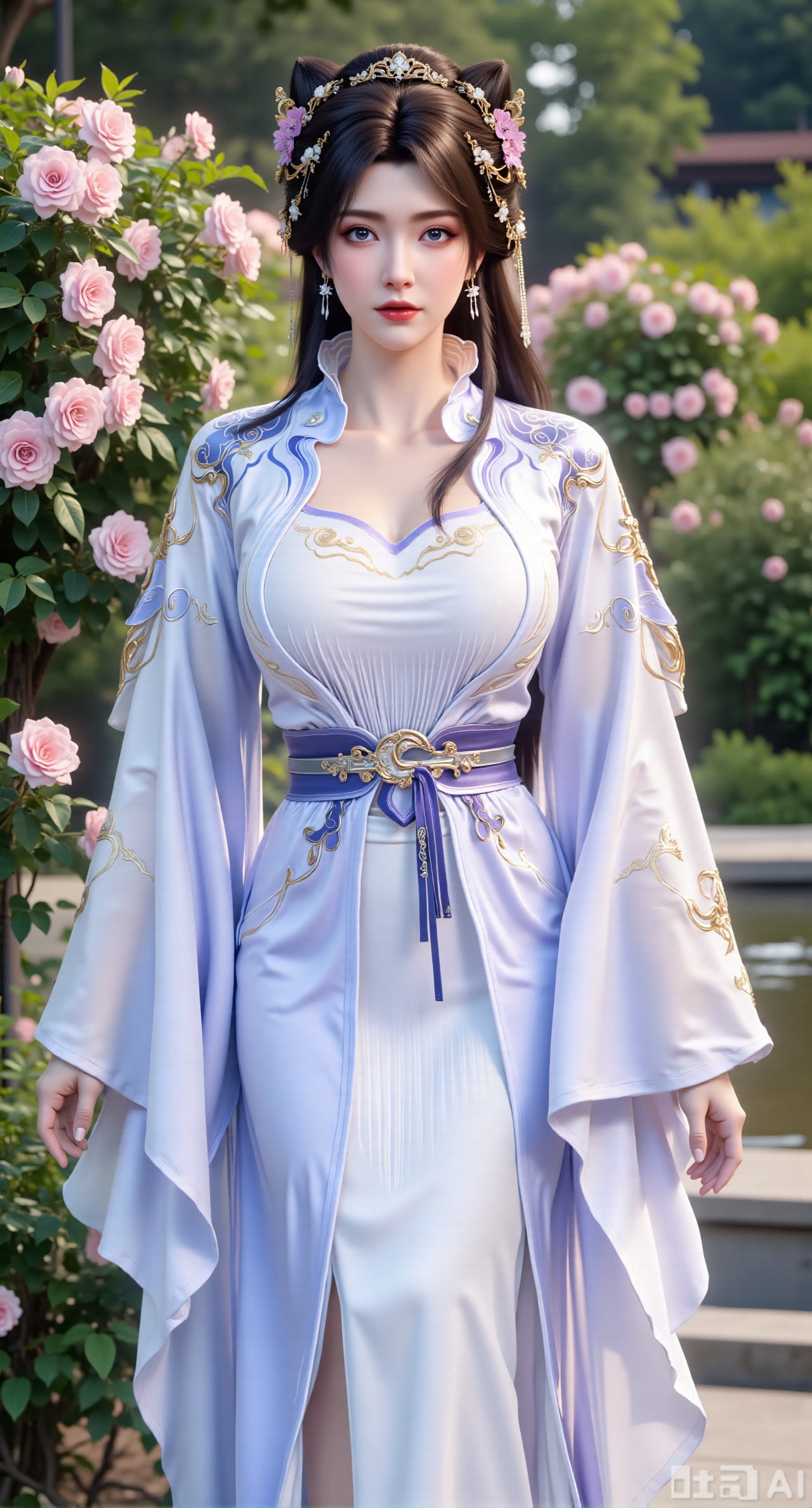(masterpiece:1.2),best quality,,A woman adorned in traditional Chinese attire,featuring a flowing robe with intricate embroidery and floral accents. A garden filled with pink roses and lush greenery. Soft pastel hues of white,blue,and green,creating a serene atmosphere. Photorealistic photography.,,(huge breasts:2.99),(full breasts:2.99),XyunxiaoYK,Xlonger2,XjiziyeuX2,Xmeifei2,Xtanghezi,XyunyunPVC