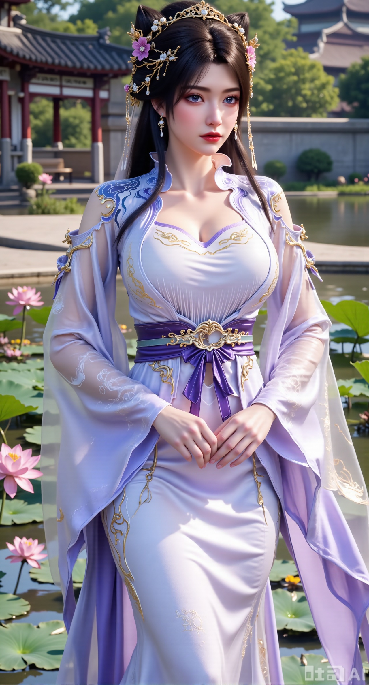 (masterpiece, best quality:1.2),1girl, navel, solo, midriff, bare shoulders, hair ornament, flower, hair flower, black hair, red lips,BREAK, (looking at viewer:1.39), chinese clothes,(Holographic long dress:1.39), (lace,Rainbow Gradient Color:1.29),BREAK,purple eyes,blurry, solo focus, long hair, lips, daytime, lipstick, outdoors, (upper body,,Long legs:1.29), blurry,(huge breasts,full breasts:2.41), background, 1girl, makeup, hair bun,(Blue sky:1.39),(Suzhou Garden Lotus Pond,lotus,Lotus Leaf:1.39),(huge breasts:2.99),(full breasts:2.99),(Background with traditional Chinese architecture, lotus pond and lotus flowers:1.39),XyunxiaoYK,Xlonger2,XjiziyeuX2,Xmeifei2,Xtanghezi,XyunyunPVC