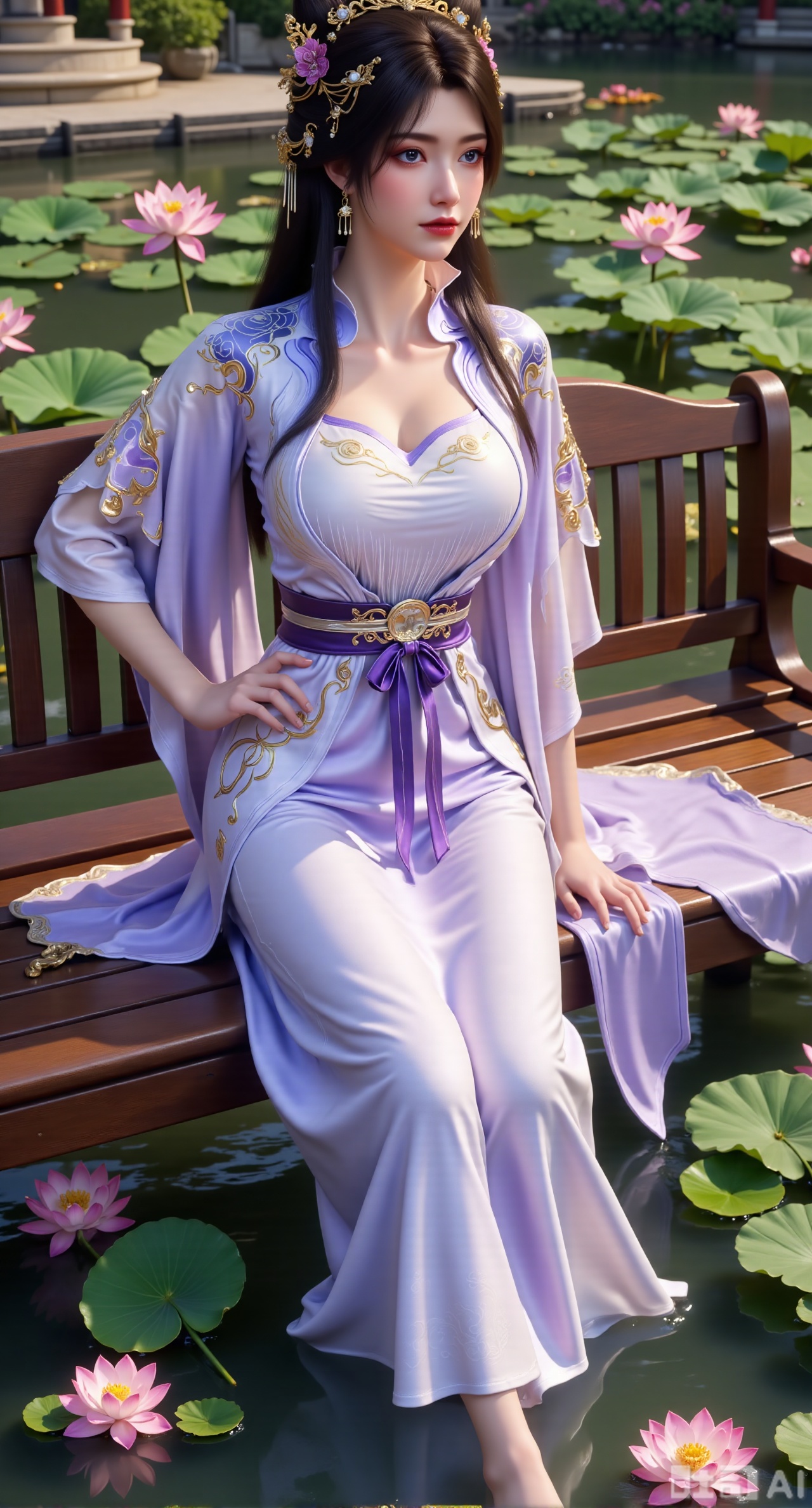 (masterpiece:1.2),best quality,The image is a digital illustration of a young woman sitting on a wooden bench in a pond with lily pads. She is wearing a long dress with design on the chest and sleeves. The dress has a high neckline and short sleeves,Holding a lotus in hand. She has long dark hair styled in loose waves and is wearing gold high heels. The woman is posing with one hand on her hip and the other resting on the edge of the bench. The background is filled with pink and white lotus flowers and green leaves. The overall mood of the image is peaceful and serene,(huge breasts:2.99),(full breasts:2.99),(Background with traditional Chinese architecture, lotus pond and pink lotus flowers:1.39),,XyunxiaoYK,Xlonger2,XjiziyeuX2,Xmeifei2,Xtanghezi,XyunyunPVC