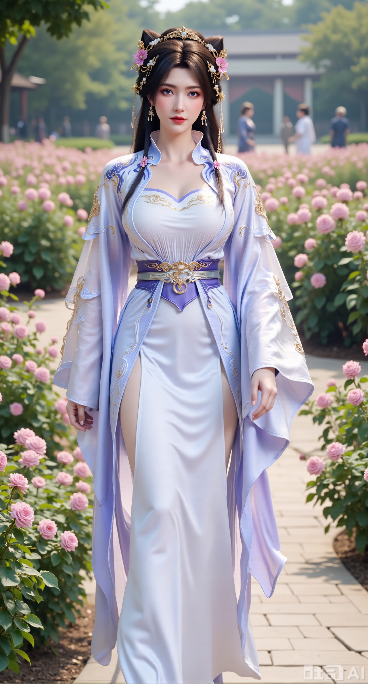 (masterpiece:1.2),best quality,,A woman adorned in traditional Chinese attire,featuring a flowing robe with intricate embroidery and floral accents. A garden filled with pink roses and lush greenery. Soft pastel hues of white,blue,and green,creating a serene atmosphere. Photorealistic photography.,,(huge breasts:2.99),(full breasts:2.99),XyunxiaoYK,Xlonger2,XjiziyeuX2,Xmeifei2,Xtanghezi,XyunyunPVC