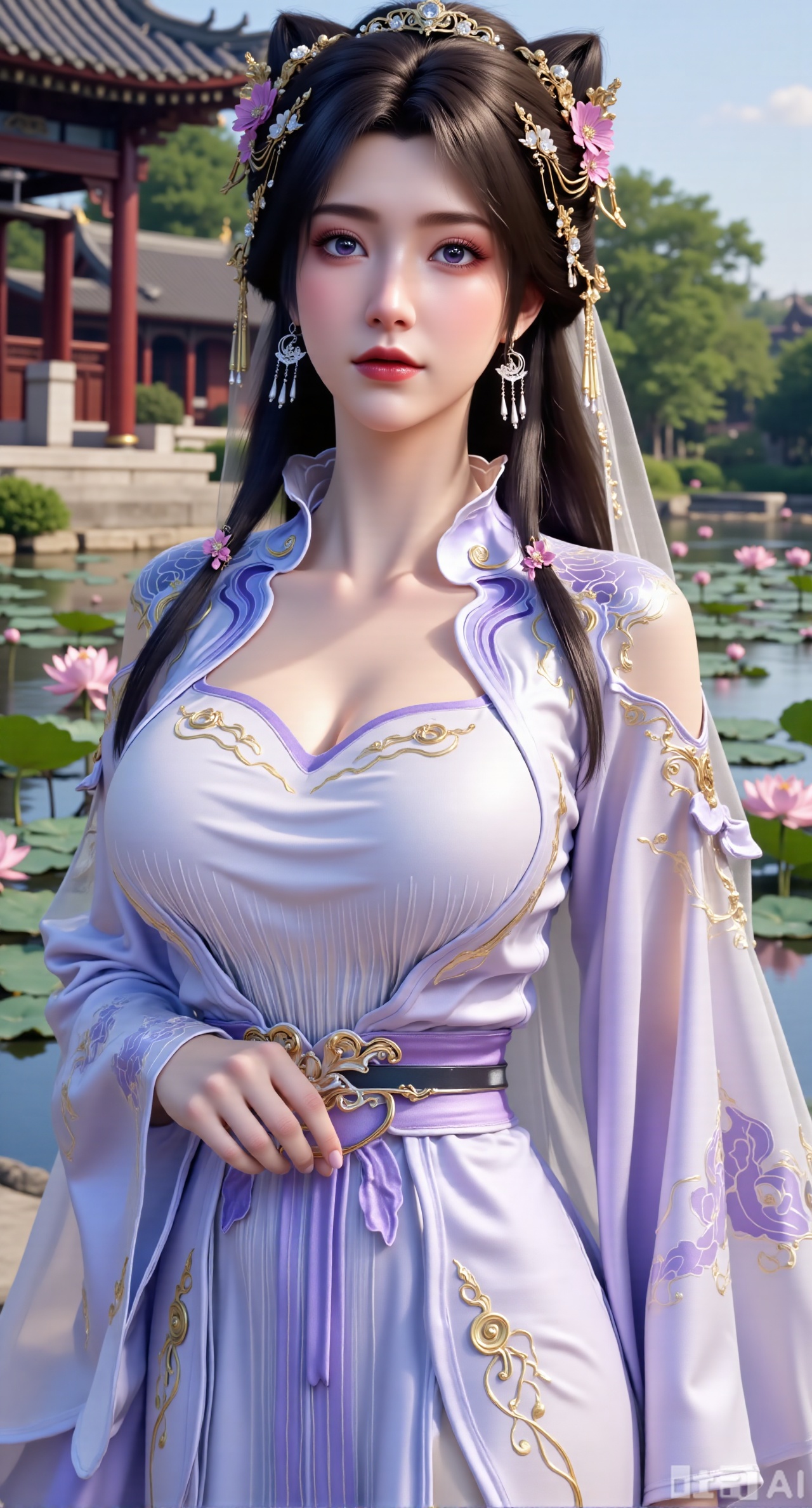 (masterpiece, best quality:1.2),1girl, navel, solo, midriff, bare shoulders, hair ornament, flower, hair flower, black hair, red lips,BREAK, (looking at viewer:1.39), chinese clothes,(Holographic long dress:1.39), (lace,Rainbow Gradient Color:1.29),BREAK,purple eyes,blurry, solo focus, long hair, lips, daytime, lipstick, outdoors, (upper body,,Long legs:1.29), blurry,(huge breasts,full breasts:2.41), background, 1girl, makeup, hair bun,(Blue sky:1.39),(Suzhou Garden Lotus Pond,lotus,Lotus Leaf:1.39),(huge breasts:2.99),(full breasts:2.99),(Background with traditional Chinese architecture, lotus pond and lotus flowers:1.39),XyunxiaoYK,Xlonger2,XjiziyeuX2,Xmeifei2,Xtanghezi,XyunyunPVC