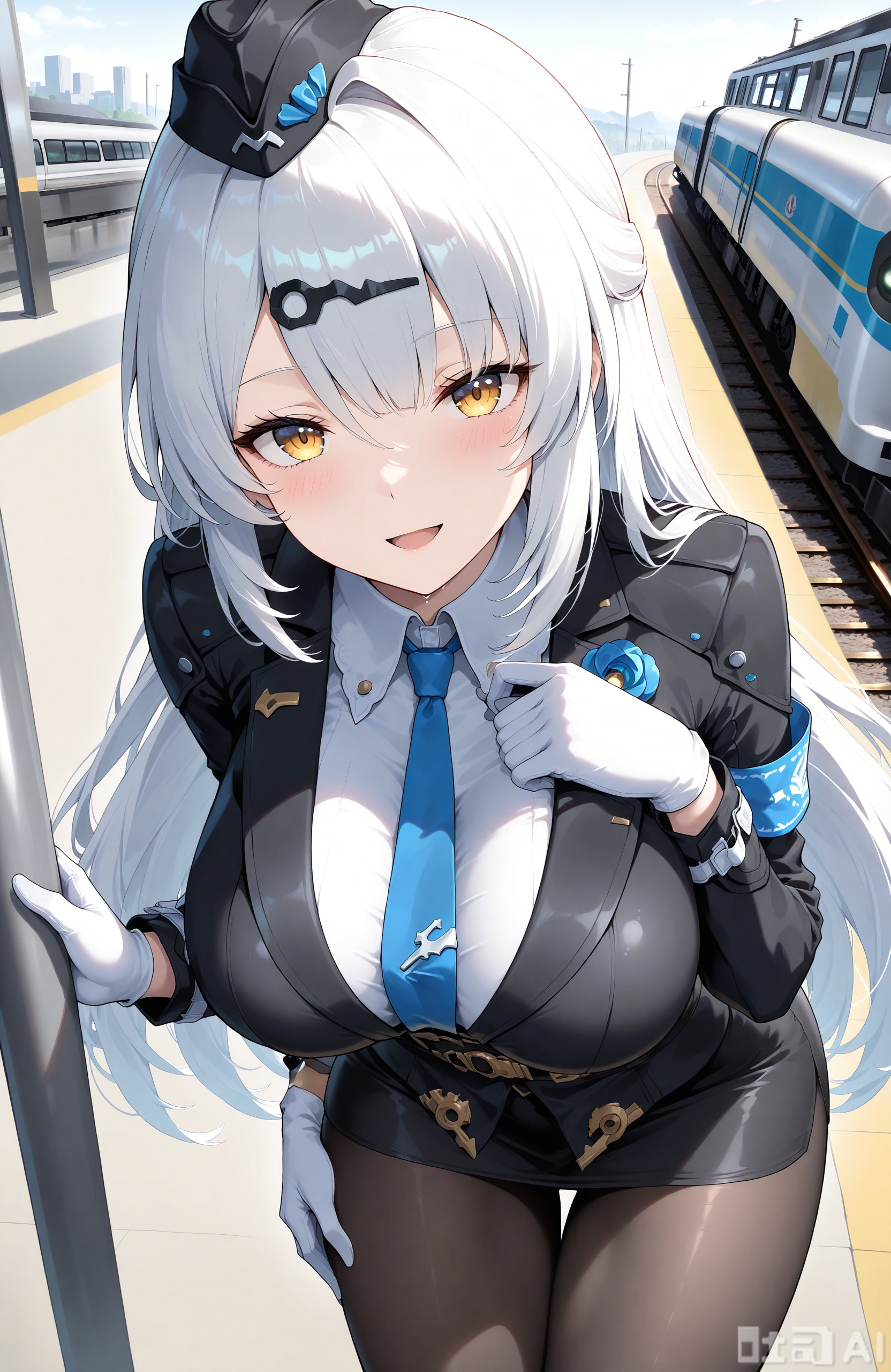 masterpiece,best quality,high quality, 1girl,yixuan,long hair,yellow_eyes,white_hair, loves,long hair,white gloves,pantyhose,breasts,skirt,white shirt,blue necktie,necktie,shirt,jacket,black jacket,very long hair,train,hat,train station,long sleeves,looking at viewer,open mouth,smile,leaning forward,hair between eyes,collared shirt,black skirt,large breasts,bangs,belt,pencil skirt,black headwear,solo,garrison cap,:d,blush,uniform,black pantyhose,ground vehicle,armband,hand on own thigh,solo focus,