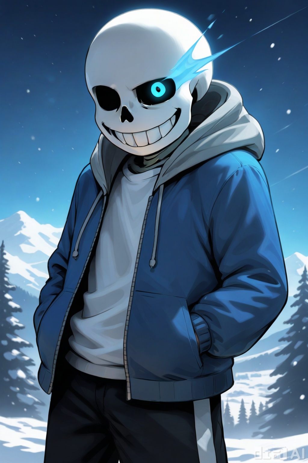 masterpiece,illustration,ultra detailed,hdr,Depth of field,,standing,looking_at_viewer,snow,white shirt,blue jacket,black shorts,white socks,pink slippers,hood down,open jacket,white hood,skeleton,smile,open mouth,teeth,male focus,black sclera,white eyes,hoodie,1 boy,solo,white gloves,grin