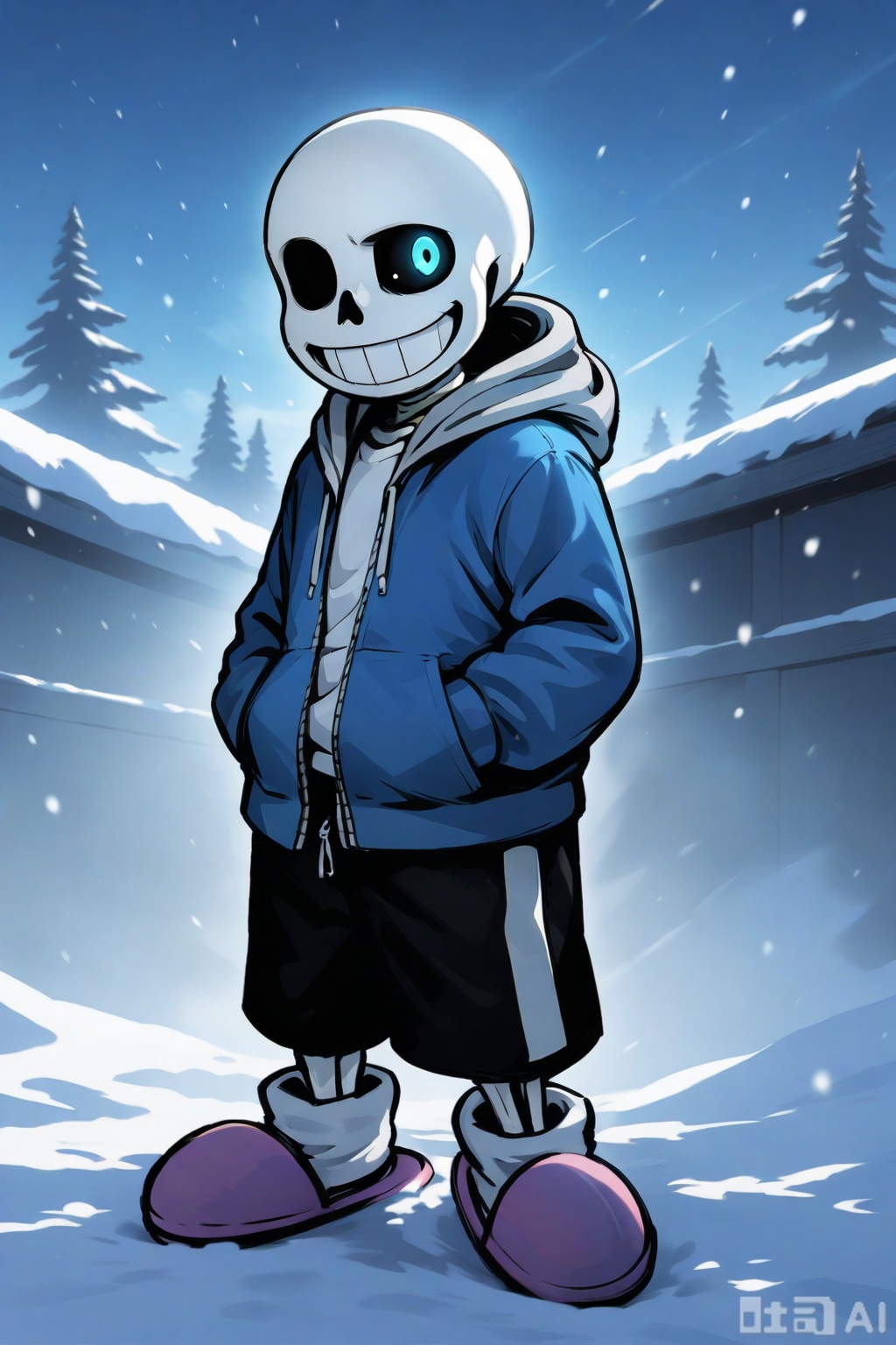masterpiece,illustration,ultra detailed,hdr,Depth of field,,standing,looking_at_viewer,snow,white shirt,blue jacket,black shorts,white socks,pink slippers,hood down,open jacket,white hood,skeleton,smile,open mouth,teeth,male focus,black sclera,white eyes,hoodie,1 boy,solo,white gloves,grin