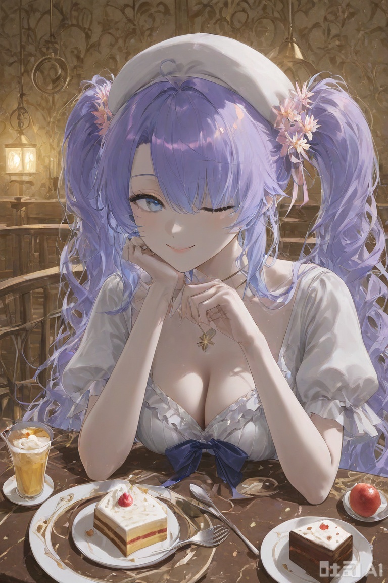 1girl, solo, long hair, breasts, looking at viewer, smile, blue eyes, hair ornament, hat, dress, bow, ribbon, cleavage, twintails, pink hair, flower, one eye closed, food, virtual youtuber, hair flower, white dress, hair over one eye, cup, fruit, table, pink flower, plate, cake, head rest, spoon, fork
,backlighting,depth of field,cinematic lighting,light particles,lens flare, (artist:quasarcake:0.8),extreme aesthetic,(wlop:0.6),masterpiece,best quality,good quality,newest,very aesthetic,absurdres,Visual impact,A shot with tension, ultra-high resolution,32K UHD,sharp focus,best-quality,masterpiece,Emotionalization,unconventional supreme masterpiece,masterful details,temperate atmosphere,with a high-end texture,in the style of fashion photography, (alzi xiaomI:1.2),(mogumo:1.1),(good hands, nice hands:0.5),giving the poster a dynamic and visually striking appearance,impactful picture,offcial art,colorful,movie perspective, masterpiece,best quality,amazing quality,very aesthetic,absurdres,best quality,newes