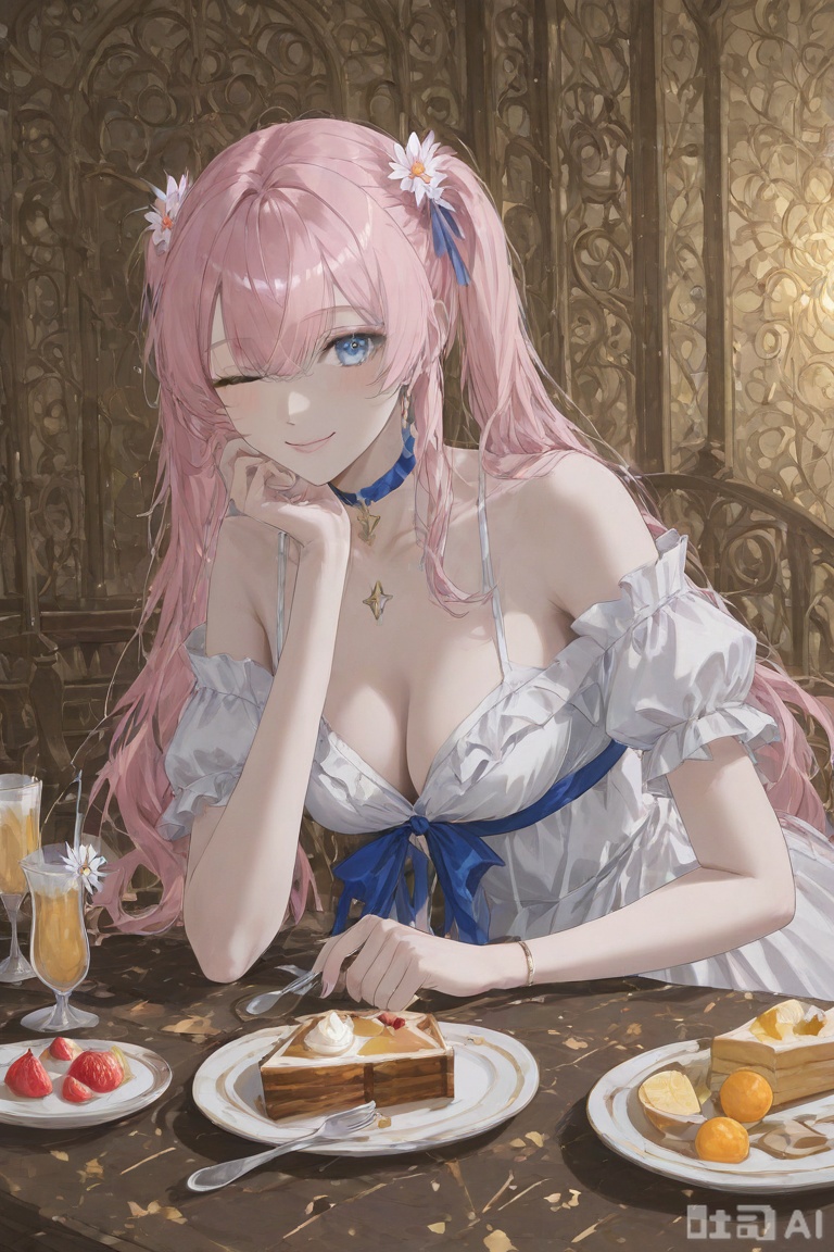 1girl, solo, long hair, breasts, looking at viewer, smile, blue eyes, hair ornament, hat, dress, bow, ribbon, cleavage, twintails, pink hair, flower, one eye closed, food, virtual youtuber, hair flower, white dress, hair over one eye, cup, fruit, table, pink flower, plate, cake, head rest, spoon, fork
,backlighting,depth of field,cinematic lighting,light particles,lens flare, (artist:quasarcake:0.8),extreme aesthetic,(wlop:0.6),masterpiece,best quality,good quality,newest,very aesthetic,absurdres,Visual impact,A shot with tension, ultra-high resolution,32K UHD,sharp focus,best-quality,masterpiece,Emotionalization,unconventional supreme masterpiece,masterful details,temperate atmosphere,with a high-end texture,in the style of fashion photography, (alzi xiaomI:1.2),(mogumo:1.1),(good hands, nice hands:0.5),giving the poster a dynamic and visually striking appearance,impactful picture,offcial art,colorful,movie perspective, masterpiece,best quality,amazing quality,very aesthetic,absurdres,best quality,newes