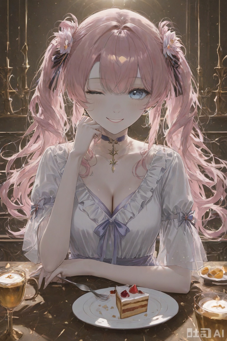1girl, solo, long hair, breasts, looking at viewer, smile, blue eyes, hair ornament, hat, dress, bow, ribbon, cleavage, twintails, pink hair, flower, one eye closed, food, virtual youtuber, hair flower, white dress, hair over one eye, cup, fruit, table, pink flower, plate, cake, head rest, spoon, fork
,backlighting,depth of field,cinematic lighting,light particles,lens flare, (artist:quasarcake:0.8),extreme aesthetic,(wlop:0.6),masterpiece,best quality,good quality,newest,very aesthetic,absurdres,Visual impact,A shot with tension, ultra-high resolution,32K UHD,sharp focus,best-quality,masterpiece,Emotionalization,unconventional supreme masterpiece,masterful details,temperate atmosphere,with a high-end texture,in the style of fashion photography, (alzi xiaomI:1.2),(mogumo:1.1),(good hands, nice hands:0.5),giving the poster a dynamic and visually striking appearance,impactful picture,offcial art,colorful,movie perspective, masterpiece,best quality,amazing quality,very aesthetic,absurdres,best quality,newes
