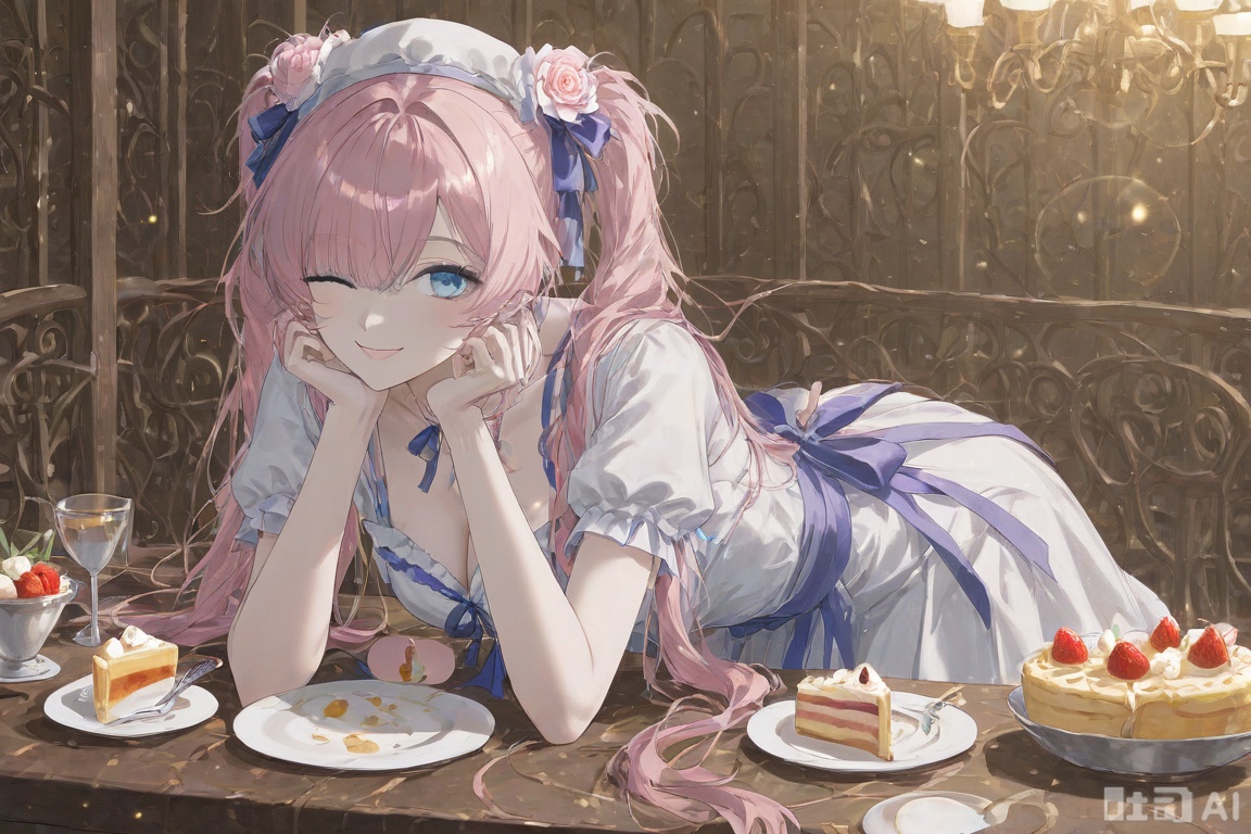 1girl, solo, long hair, breasts, looking at viewer, smile, blue eyes, hair ornament, hat, dress, bow, ribbon, cleavage, twintails, pink hair, flower, one eye closed, food, virtual youtuber, hair flower, white dress, hair over one eye, cup, fruit, table, pink flower, plate, cake, head rest, spoon, fork
,backlighting,depth of field,cinematic lighting,light particles,lens flare, (artist:quasarcake:0.8),extreme aesthetic,(wlop:0.6),masterpiece,best quality,good quality,newest,very aesthetic,absurdres,Visual impact,A shot with tension, ultra-high resolution,32K UHD,sharp focus,best-quality,masterpiece,Emotionalization,unconventional supreme masterpiece,masterful details,temperate atmosphere,with a high-end texture,in the style of fashion photography, (alzi xiaomI:1.2),(mogumo:1.1),(good hands, nice hands:0.5),giving the poster a dynamic and visually striking appearance,impactful picture,offcial art,colorful,movie perspective, masterpiece,best quality,amazing quality,very aesthetic,absurdres,best quality,newes