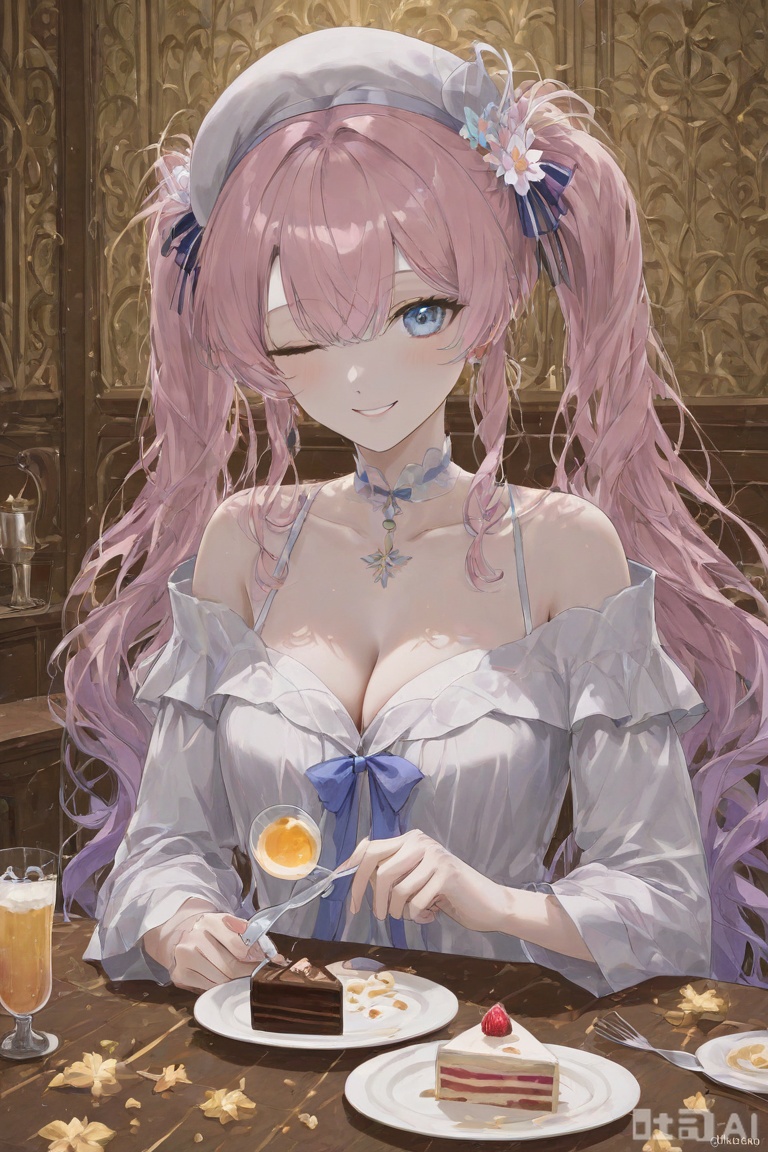 1girl, solo, long hair, breasts, looking at viewer, smile, blue eyes, hair ornament, hat, dress, bow, ribbon, cleavage, twintails, pink hair, flower, one eye closed, food, virtual youtuber, hair flower, white dress, hair over one eye, cup, fruit, table, pink flower, plate, cake, head rest, spoon, fork
,backlighting,depth of field,cinematic lighting,light particles,lens flare, (artist:quasarcake:0.8),extreme aesthetic,(wlop:0.6),masterpiece,best quality,good quality,newest,very aesthetic,absurdres,Visual impact,A shot with tension, ultra-high resolution,32K UHD,sharp focus,best-quality,masterpiece,Emotionalization,unconventional supreme masterpiece,masterful details,temperate atmosphere,with a high-end texture,in the style of fashion photography, (alzi xiaomI:1.2),(mogumo:1.1),(good hands, nice hands:0.5),giving the poster a dynamic and visually striking appearance,impactful picture,offcial art,colorful,movie perspective, masterpiece,best quality,amazing quality,very aesthetic,absurdres,best quality,newes