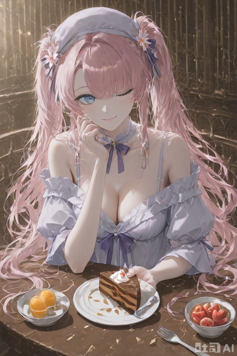 1girl, solo, long hair, breasts, looking at viewer, smile, blue eyes, hair ornament, hat, dress, bow, ribbon, cleavage, twintails, pink hair, flower, one eye closed, food, virtual youtuber, hair flower, white dress, hair over one eye, cup, fruit, table, pink flower, plate, cake, head rest, spoon, fork
,backlighting,depth of field,cinematic lighting,light particles,lens flare, (artist:quasarcake:0.8),extreme aesthetic,(wlop:0.6),masterpiece,best quality,good quality,newest,very aesthetic,absurdres,Visual impact,A shot with tension, ultra-high resolution,32K UHD,sharp focus,best-quality,masterpiece,Emotionalization,unconventional supreme masterpiece,masterful details,temperate atmosphere,with a high-end texture,in the style of fashion photography, (alzi xiaomI:1.2),(mogumo:1.1),(good hands, nice hands:0.5),giving the poster a dynamic and visually striking appearance,impactful picture,offcial art,colorful,movie perspective, masterpiece,best quality,amazing quality,very aesthetic,absurdres,best quality,newes