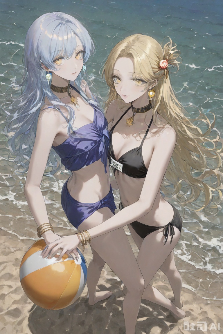 (gawako:1.1), (toi8), (yonchan:0.8), (luicent:0.9), (masaki (ekakiningen):0.8), (hxxg:0.8), Latest, (1girl), (Bianca Yulan Del Artagina:1), (Swimwear Outfit), (Black Bikini), 1 Girl, Shoulder-baring, Sand Beach, Azure Sea and Blue Sky, (Straw Bangle), Arms with (Delicate Silver Chain Collar), (Sunlit Perspective), Earrings (Pearl), (Side View), Hair Accessory (Wave-Patterned Shell Hairpin), Jewelry (Simple Starfish Brooch), Flowing Long Hair (Curly with Sand on Tips, Bright Golden Shine), (Contemptuous Gaze), ((Gradient Pink-Blue Beach Towel)), Slightly Parted Lips, Golden Eyes, Golden Long Hair (Shiny and Vibrant), (Waves Crashing on Shore), (Bikini Bottoms), (Shoulder Blades), Side Hair (Slightly Lifted by Sea Breeze, Golden Strands), 1 Girl, Standing Pose, Sand, Extremely Long Hair (Small Coral Hairpin at Ends, Golden Glow), White Sunscreen Jacket (Open), (Leg Close-up), (Foot Close-up), (Ocean Theme), (Sunny Day), Sand Beach, Waves, Sunshine, Masterpiece, Best Quality, Amazing Quality, Ultimate Beauty, Ultra-High Resolution, (Overhead View), Foreshortening, (Artist: quasarcake:0.6), Ultimate Beauty, (wlop:0.9), Masterpiece, Best Quality, Good Quality, Latest, 2024, 2023, Visual Impact, Tense Composition, 32K UHD, Sharp Focus, Top-Tier Quality, Emotional Rendering, Groundbreaking Ultimate Masterpiece, Exquisite Details, Gentle Atmosphere (Warm Sunshine Tone), High-End Texture (Swimwear Fabric), Fashion Photography Style, (Visual Impact), Stunning Visuals (Interaction Between Waves and Character), Official Artwork, Colorful (Gradient Sea Blue + Bright Orange Beach Ball), Splash of Colors (Water Splashes), Cinematic Perspective, Style: Movie Poster (Blending Light and Shadow with Natural Sea Views)