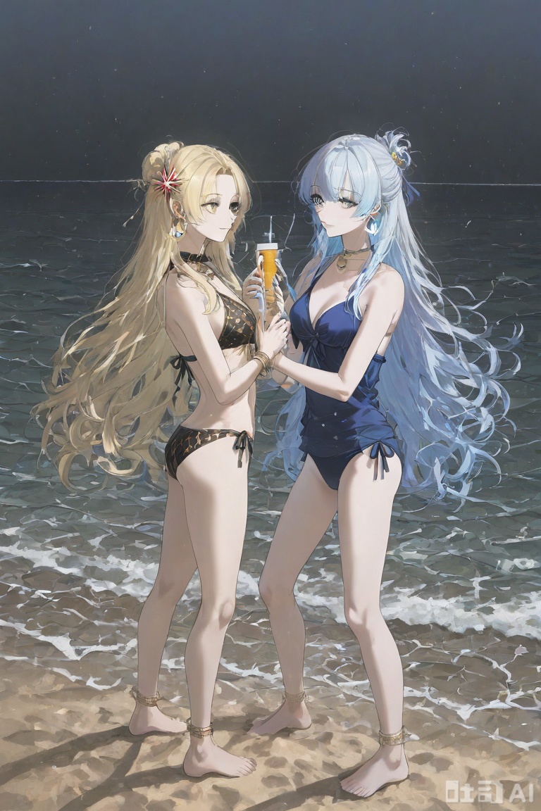 (gawako:1.1), (toi8), (yonchan:0.8), (luicent:0.9), (masaki (ekakiningen):0.8), (hxxg:0.8), Latest, (1girl), (Bianca Yulan Del Artagina:1), (Swimwear Outfit), (Black Bikini), 1 Girl, Shoulder-baring, Sand Beach, Azure Sea and Blue Sky, (Straw Bangle), Arms with (Delicate Silver Chain Collar), (Sunlit Perspective), Earrings (Pearl), (Side View), Hair Accessory (Wave-Patterned Shell Hairpin), Jewelry (Simple Starfish Brooch), Flowing Long Hair (Curly with Sand on Tips, Bright Golden Shine), (Contemptuous Gaze), ((Gradient Pink-Blue Beach Towel)), Slightly Parted Lips, Golden Eyes, Golden Long Hair (Shiny and Vibrant), (Waves Crashing on Shore), (Bikini Bottoms), (Shoulder Blades), Side Hair (Slightly Lifted by Sea Breeze, Golden Strands), 1 Girl, Standing Pose, Sand, Extremely Long Hair (Small Coral Hairpin at Ends, Golden Glow), White Sunscreen Jacket (Open), (Leg Close-up), (Foot Close-up), (Ocean Theme), (Sunny Day), Sand Beach, Waves, Sunshine, Masterpiece, Best Quality, Amazing Quality, Ultimate Beauty, Ultra-High Resolution, (Overhead View), Foreshortening, (Artist: quasarcake:0.6), Ultimate Beauty, (wlop:0.9), Masterpiece, Best Quality, Good Quality, Latest, 2024, 2023, Visual Impact, Tense Composition, 32K UHD, Sharp Focus, Top-Tier Quality, Emotional Rendering, Groundbreaking Ultimate Masterpiece, Exquisite Details, Gentle Atmosphere (Warm Sunshine Tone), High-End Texture (Swimwear Fabric), Fashion Photography Style, (Visual Impact), Stunning Visuals (Interaction Between Waves and Character), Official Artwork, Colorful (Gradient Sea Blue + Bright Orange Beach Ball), Splash of Colors (Water Splashes), Cinematic Perspective, Style: Movie Poster (Blending Light and Shadow with Natural Sea Views)