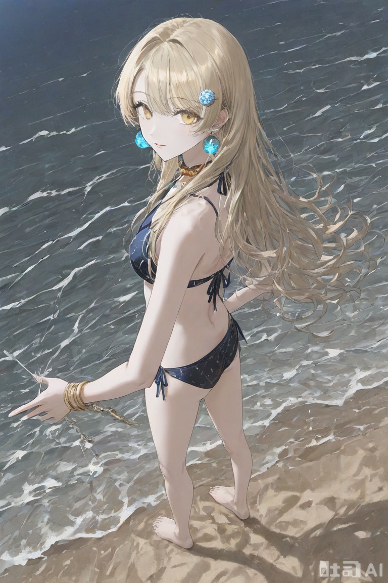 (gawako:1.1), (toi8), (yonchan:0.8), (luicent:0.9), (masaki (ekakiningen):0.8), (hxxg:0.8), Latest, (1girl), (Bianca Yulan Del Artagina:1), (Swimwear Outfit), (Black Bikini), 1 Girl, Shoulder-baring, Sand Beach, Azure Sea and Blue Sky, (Straw Bangle), Arms with (Delicate Silver Chain Collar), (Sunlit Perspective), Earrings (Pearl), (Side View), Hair Accessory (Wave-Patterned Shell Hairpin), Jewelry (Simple Starfish Brooch), Flowing Long Hair (Curly with Sand on Tips, Bright Golden Shine), (Contemptuous Gaze), ((Gradient Pink-Blue Beach Towel)), Slightly Parted Lips, Golden Eyes, Golden Long Hair (Shiny and Vibrant), (Waves Crashing on Shore), (Bikini Bottoms), (Shoulder Blades), Side Hair (Slightly Lifted by Sea Breeze, Golden Strands), 1 Girl, Standing Pose, Sand, Extremely Long Hair (Small Coral Hairpin at Ends, Golden Glow), White Sunscreen Jacket (Open), (Leg Close-up), (Foot Close-up), (Ocean Theme), (Sunny Day), Sand Beach, Waves, Sunshine, Masterpiece, Best Quality, Amazing Quality, Ultimate Beauty, Ultra-High Resolution, (Overhead View), Foreshortening, (Artist: quasarcake:0.6), Ultimate Beauty, (wlop:0.9), Masterpiece, Best Quality, Good Quality, Latest, 2024, 2023, Visual Impact, Tense Composition, 32K UHD, Sharp Focus, Top-Tier Quality, Emotional Rendering, Groundbreaking Ultimate Masterpiece, Exquisite Details, Gentle Atmosphere (Warm Sunshine Tone), High-End Texture (Swimwear Fabric), Fashion Photography Style, (Visual Impact), Stunning Visuals (Interaction Between Waves and Character), Official Artwork, Colorful (Gradient Sea Blue + Bright Orange Beach Ball), Splash of Colors (Water Splashes), Cinematic Perspective, Style: Movie Poster (Blending Light and Shadow with Natural Sea Views)