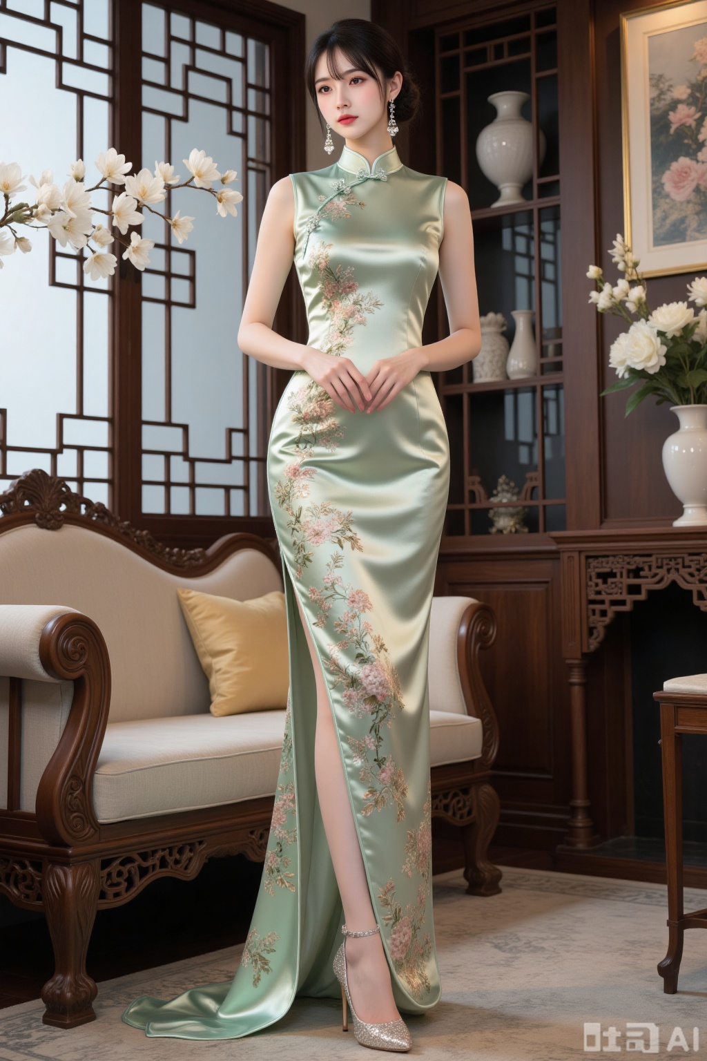 Realistic photo of a young woman with fair skin, big breasts, sleeveless slit silk pattern Chinese cheongsam, long legs, sequin high heels, full body, luxurious Chinese living room, flowers,