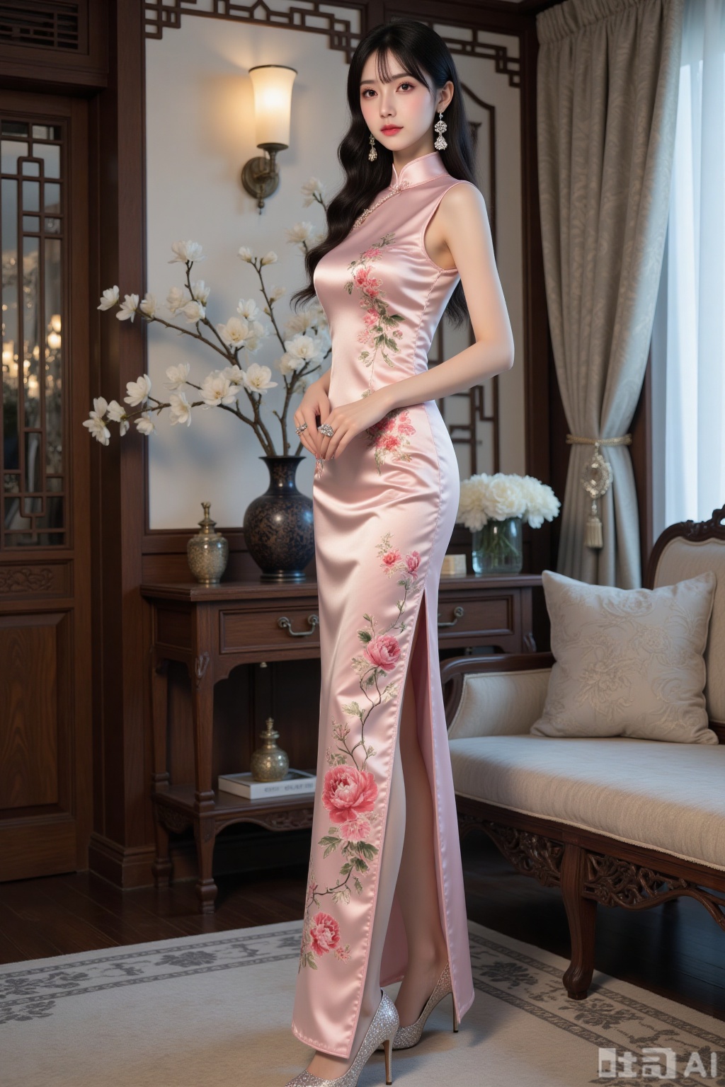 Realistic photo of a young woman with fair skin, big breasts, sleeveless slit silk pattern Chinese cheongsam, long legs, sequin high heels, full body, luxurious Chinese living room, flowers,