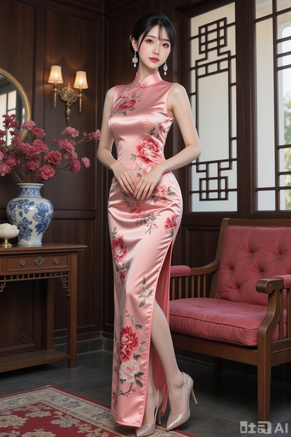 Realistic photo of a young woman with fair skin, big breasts, sleeveless slit silk pattern Chinese cheongsam, long legs, sequin high heels, full body, luxurious Chinese living room, flowers,