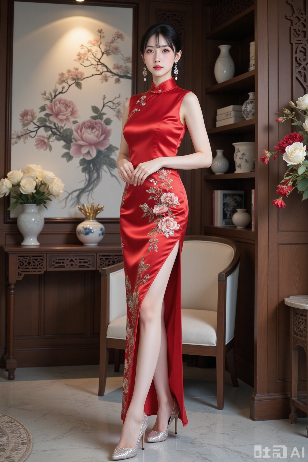 Realistic photo of a young woman with fair skin, big breasts, sleeveless slit silk pattern Chinese cheongsam, long legs, sequin high heels, full body, luxurious Chinese living room, flowers,