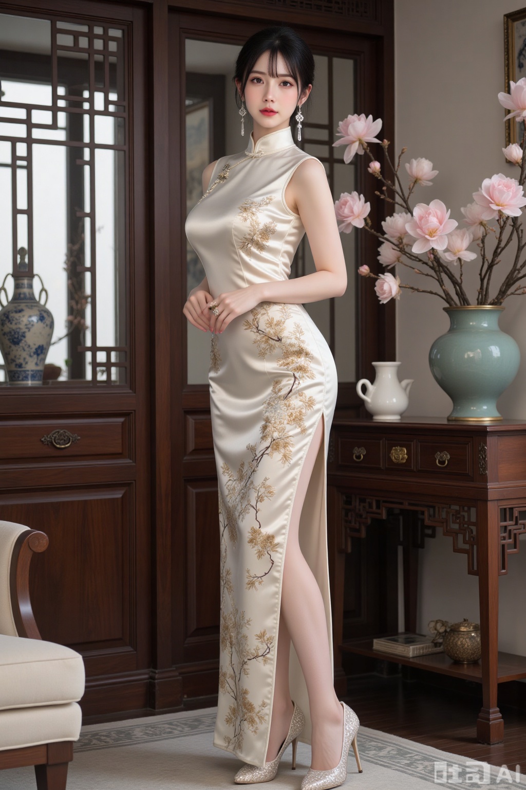 Realistic photo of a young woman with fair skin, big breasts, sleeveless slit silk pattern Chinese cheongsam, long legs, sequin high heels, full body, luxurious Chinese living room, flowers,