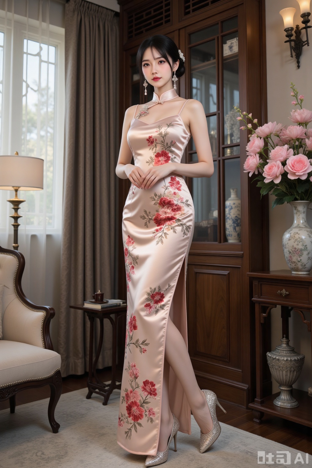 Realistic photo of a young woman with fair skin, big breasts, sleeveless slit silk pattern Chinese cheongsam, long legs, sequin high heels, full body, luxurious Chinese living room, flowers,