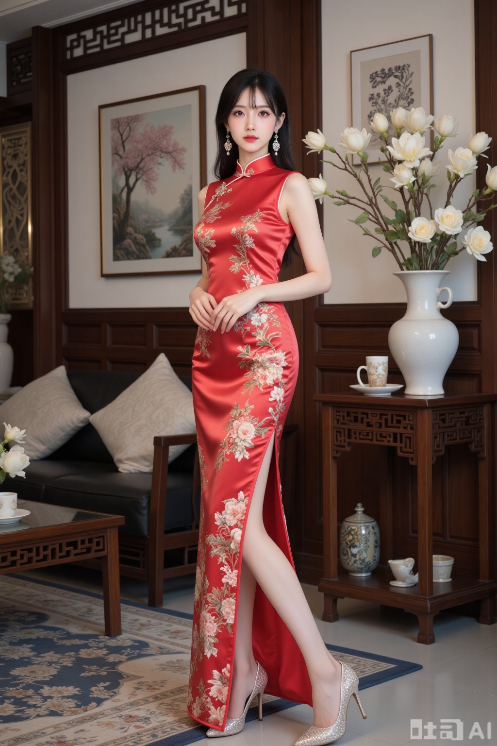 Realistic photo of a young woman with fair skin, big breasts, sleeveless slit silk pattern Chinese cheongsam, long legs, sequin high heels, full body, luxurious Chinese living room, flowers,