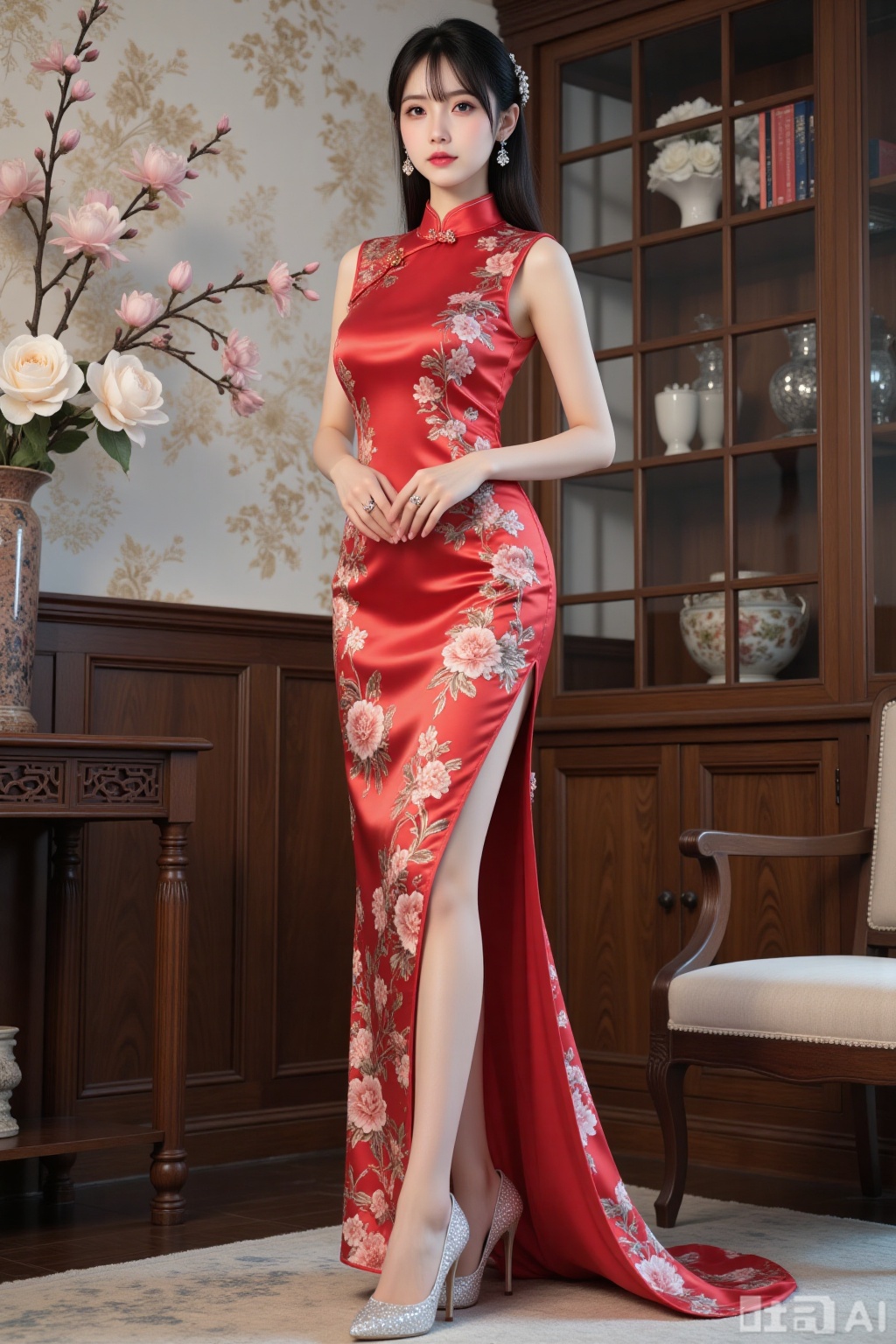 Realistic photo of a young woman with fair skin, big breasts, sleeveless slit silk pattern Chinese cheongsam, long legs, sequin high heels, full body, luxurious Chinese living room, flowers,