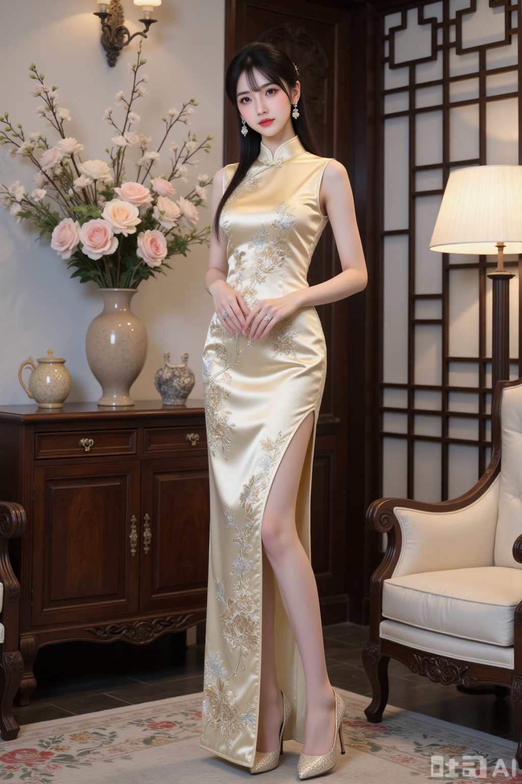 Realistic photo of a young woman with fair skin, big breasts, sleeveless slit silk pattern Chinese cheongsam, long legs, sequin high heels, full body, luxurious Chinese living room, flowers,