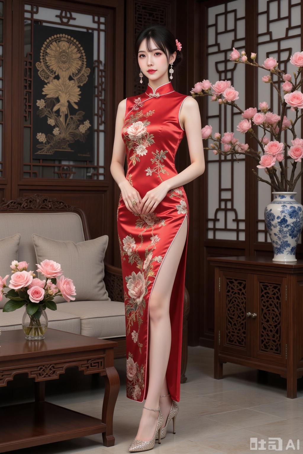 Realistic photo of a young woman with fair skin, big breasts, sleeveless slit silk pattern Chinese cheongsam, long legs, sequin high heels, full body, luxurious Chinese living room, flowers,