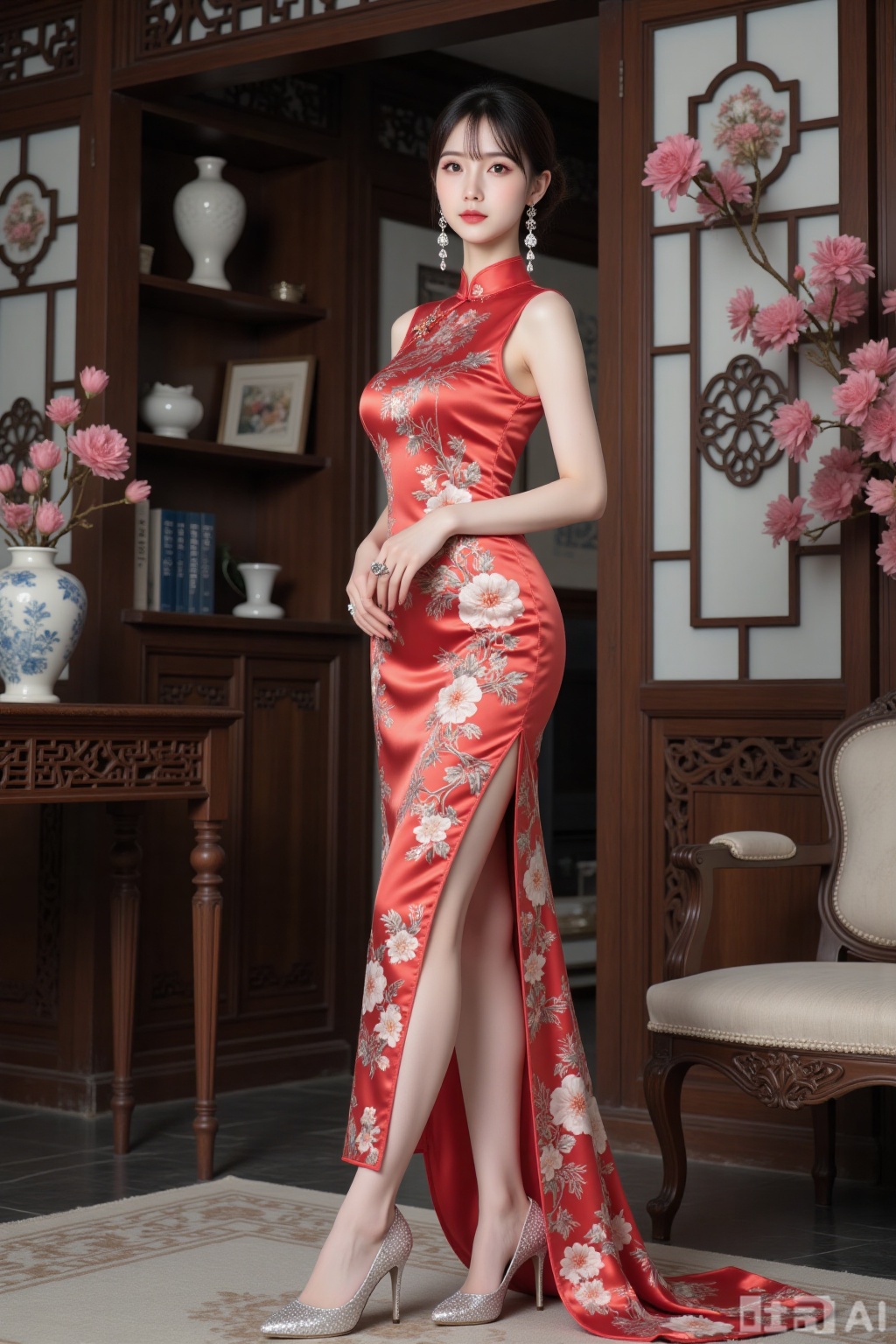 Realistic photo of a young woman with fair skin, big breasts, sleeveless slit silk pattern Chinese cheongsam, long legs, sequin high heels, full body, luxurious Chinese living room, flowers,