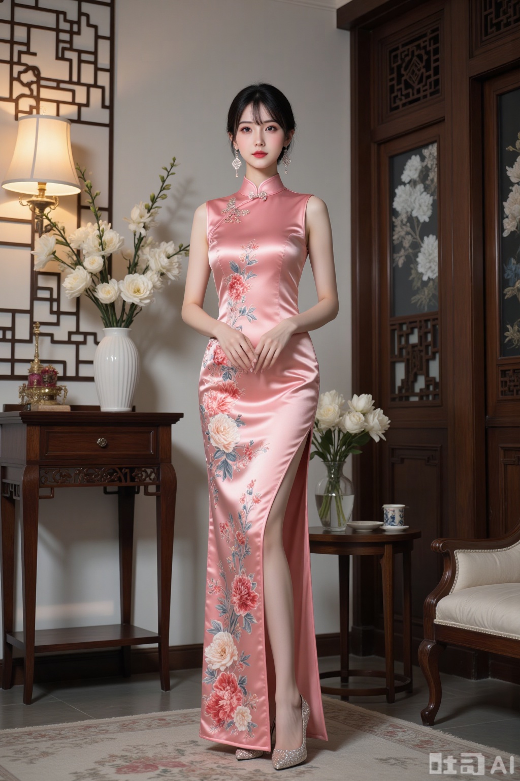 Realistic photo of a young woman with fair skin, big breasts, sleeveless slit silk pattern Chinese cheongsam, long legs, sequin high heels, full body, luxurious Chinese living room, flowers,