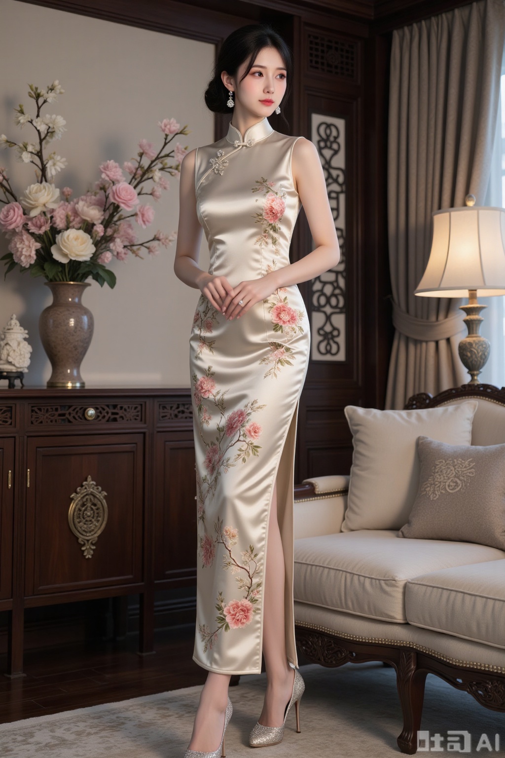Realistic photo of a young woman with fair skin, big breasts, sleeveless slit silk pattern Chinese cheongsam, long legs, sequin high heels, full body, luxurious Chinese living room, flowers,