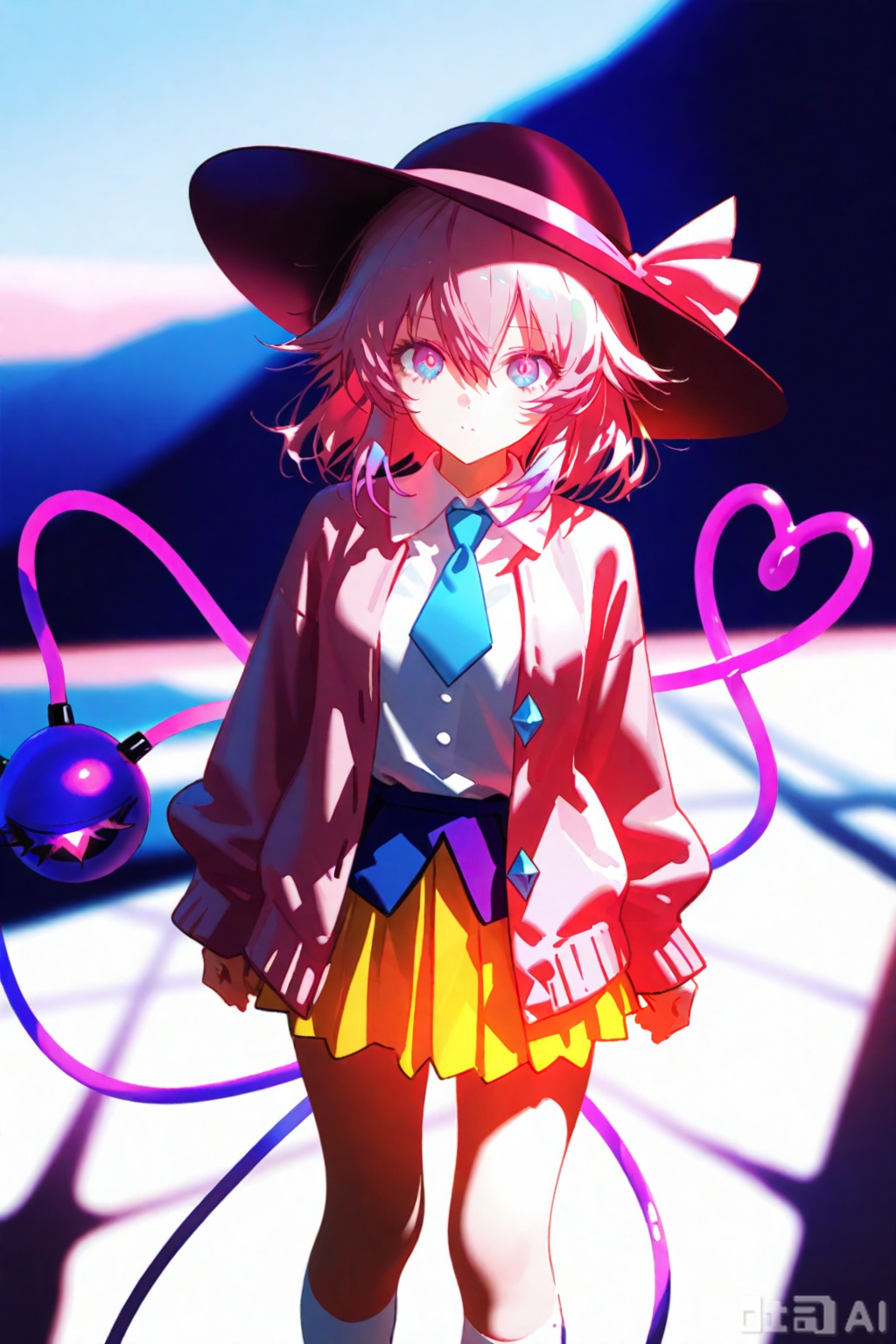 masterpiece,illustration,ultra detailed,hdr,Depth of field,,standing,looking_at_viewer,1girl,solo,pink hair,third_eye,white shirt,dark_pink_hat,collar,pink_hat_bow,heart_of_string,pink_bow,hat_ribbon,diamond_button,pink_ribbon,eyeball,pleated skirt,pink_eyes,pinkkoishi,pink oversize sweater,blue tie,yellow - pink gradient pleated skirt,blue tie,pink shoes with purple heart accents,pink jacket,open jacket,white socks