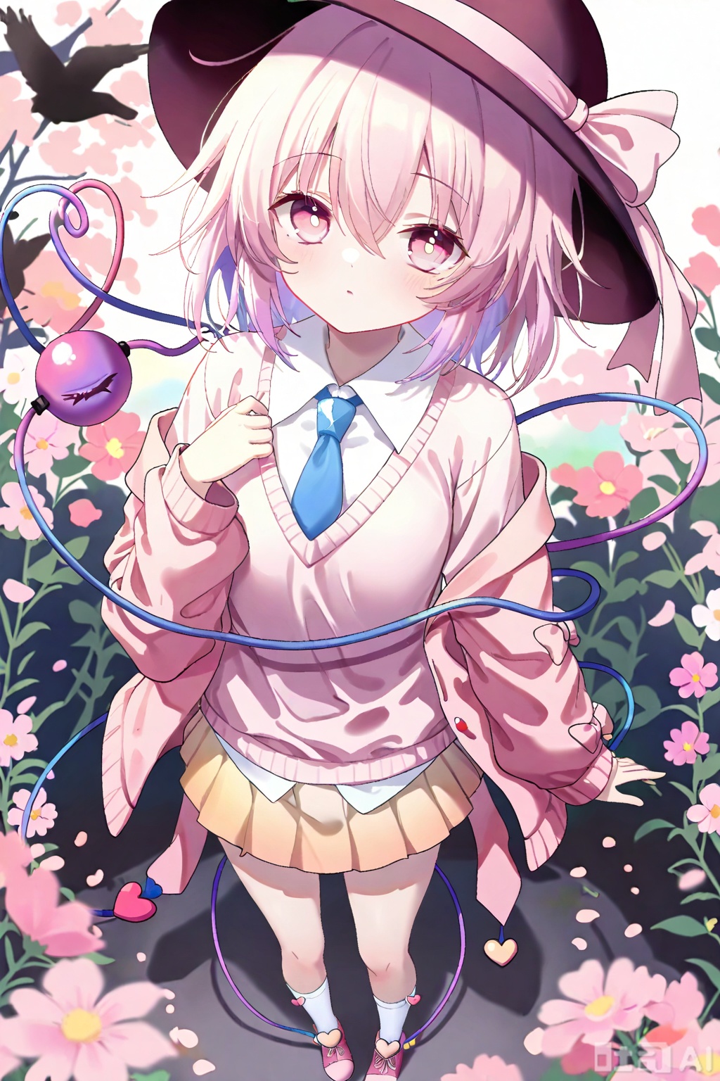 masterpiece,illustration,ultra detailed,hdr,Depth of field,,standing,looking_at_viewer,1girl,solo,pink hair,third_eye,white shirt,dark_pink_hat,collar,pink_hat_bow,heart_of_string,pink_bow,hat_ribbon,diamond_button,pink_ribbon,eyeball,pleated skirt,pink_eyes,pinkkoishi,pink oversize sweater,blue tie,yellow - pink gradient pleated skirt,blue tie,pink shoes with purple heart accents,pink jacket,open jacket,white socks
