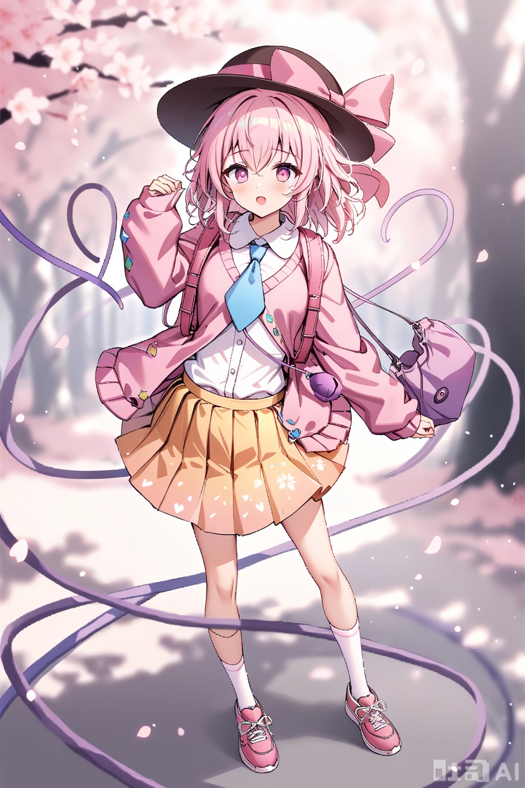 masterpiece,best quality,illustration,ultra detailed,hdr,Depth of field,Artist rokusai,1girl,solo,looking_at_viewer,standing,pink hair,third_eye,white shirt,dark_pink_hat,collar,pink_hat_bow,heart_of_string,pink_bow,hat_ribbon,diamond_button,pink_ribbon,eyeball,pleated skirt,pink_eyes,pinkkoishi,pink oversize sweater,blue tie,yellow - pink gradient pleated skirt,blue tie,pink shoes with purple heart accents,pink jacket,open jacket,white socks