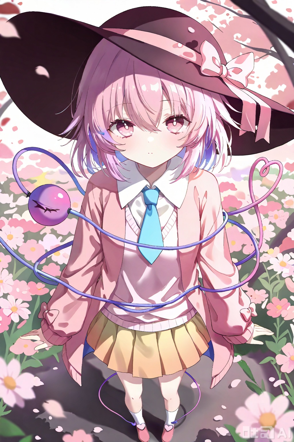 masterpiece,illustration,ultra detailed,hdr,Depth of field,,standing,looking_at_viewer,1girl,solo,pink hair,third_eye,white shirt,dark_pink_hat,collar,pink_hat_bow,heart_of_string,pink_bow,hat_ribbon,diamond_button,pink_ribbon,eyeball,pleated skirt,pink_eyes,pinkkoishi,pink oversize sweater,blue tie,yellow - pink gradient pleated skirt,blue tie,pink shoes with purple heart accents,pink jacket,open jacket,white socks