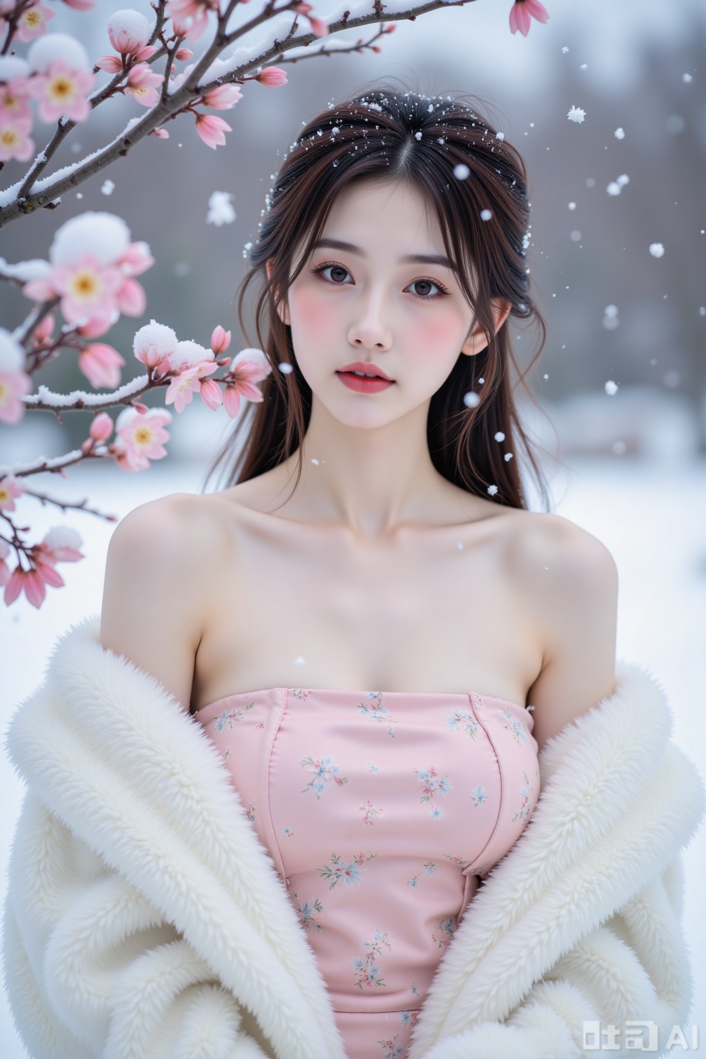 Realistic photo, a young woman with fashionable hairstyle, fair skin, big breasts, off-shoulder pattern silk pink strapless breasts, white marten coat, upper body, (falling snow), (heavy snow), (wintersweet flowers),