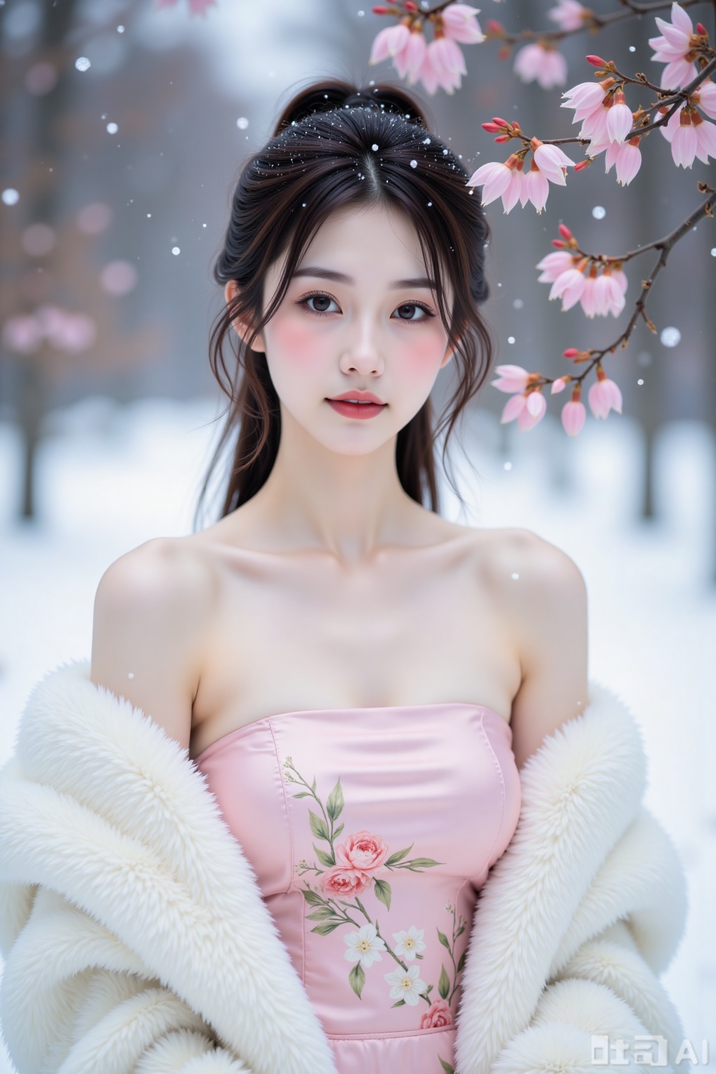 Realistic photo, a young woman with fashionable hairstyle, fair skin, big breasts, off-shoulder pattern silk pink strapless breasts, white marten coat, upper body, (falling snow), (heavy snow), (wintersweet flowers),