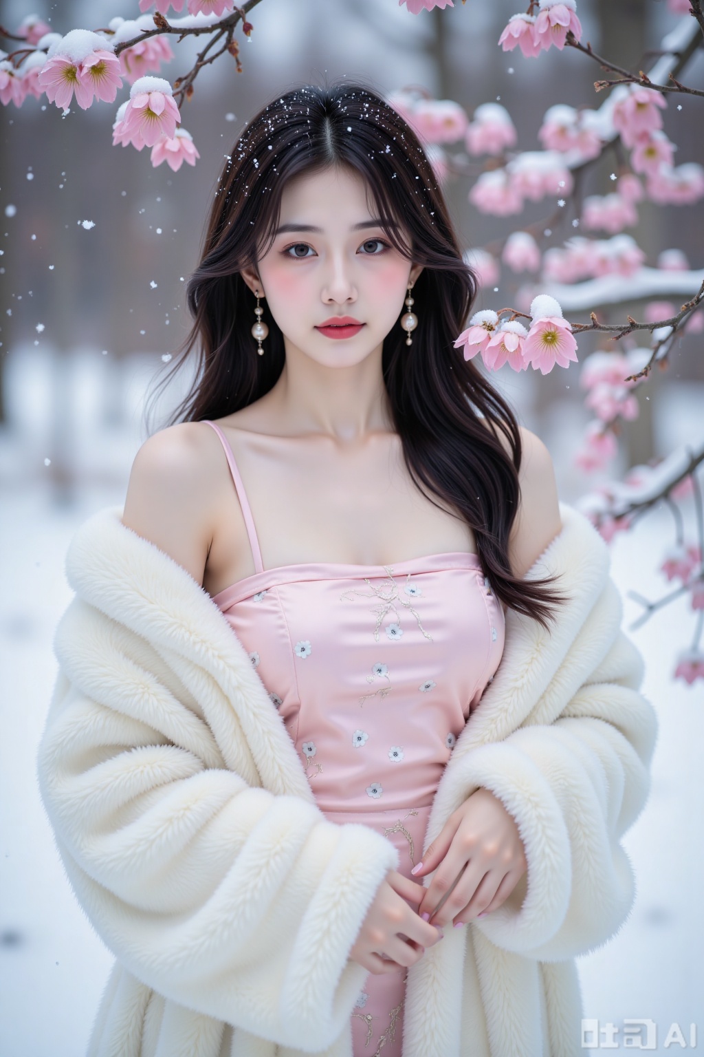 Realistic photo, a young woman with fashionable hairstyle, fair skin, big breasts, off-shoulder pattern silk pink strapless breasts, white marten coat, upper body, (falling snow), (heavy snow), (wintersweet flowers),
