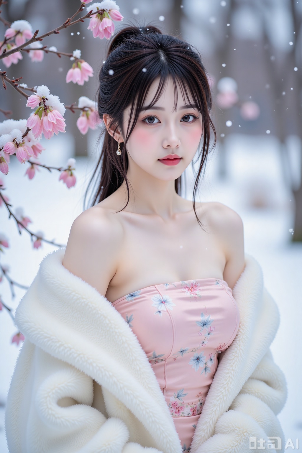 Realistic photo, a young woman with fashionable hairstyle, fair skin, big breasts, off-shoulder pattern silk pink strapless breasts, white marten coat, upper body, (falling snow), (heavy snow), (wintersweet flowers),